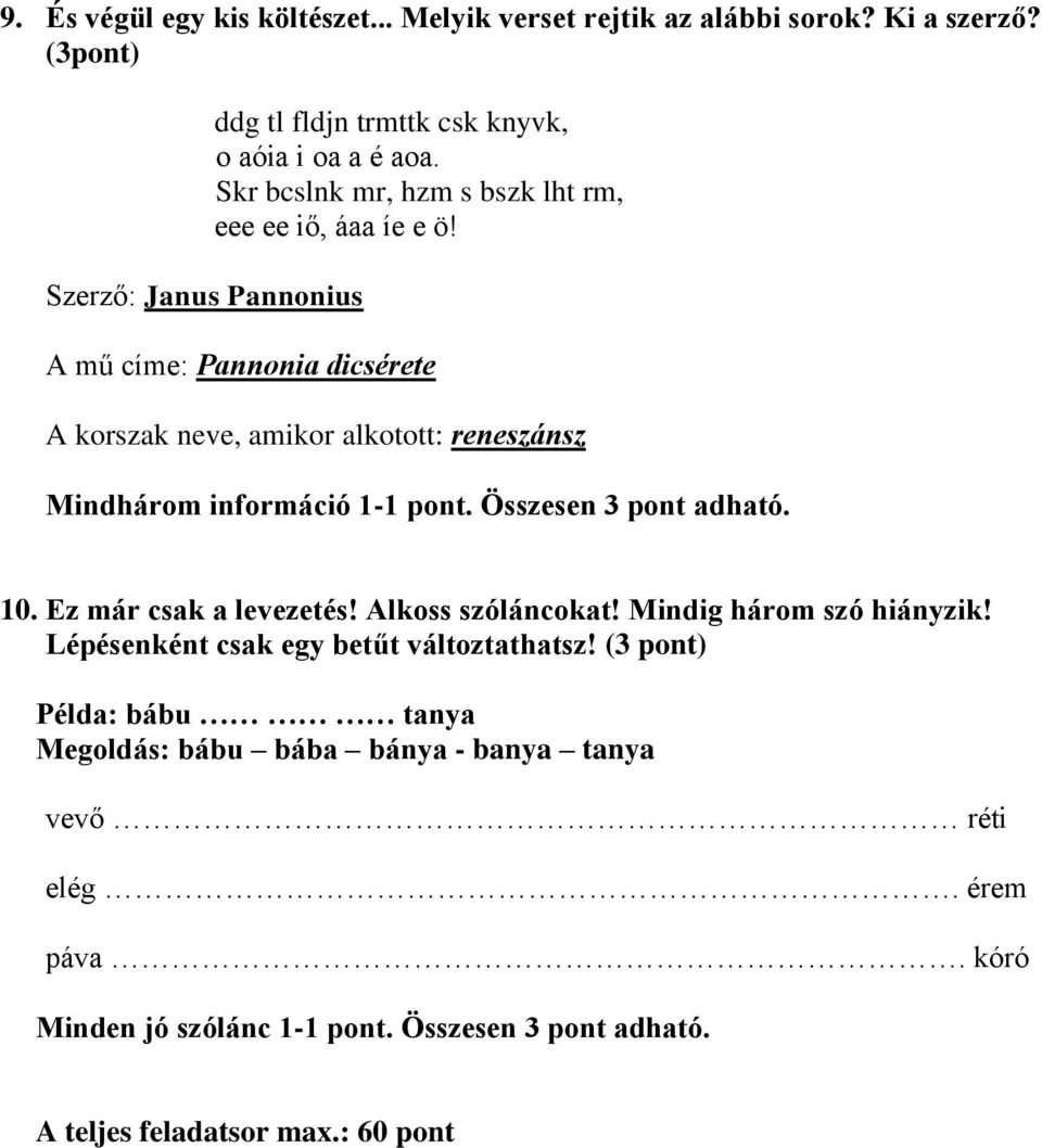 A mű címe: Pannonia dicsérete A korszak neve, amikor alkotott: reneszánsz Mindhárom információ 1-1 pont. Összesen 3 pont adható. 10. Ez már csak a levezetés!