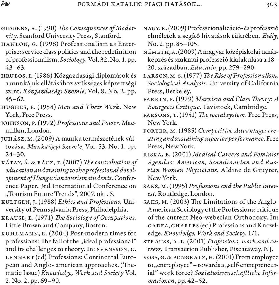 (1986) Közgazdasági diplomások és a munkájuk ellátásához szükséges képzettségi szint. Közgazdasági Szemle, Vol. 8. No. 2. pp. 45 62. Hughes, E. (1958) Men and Their Work. New York, Free Press.