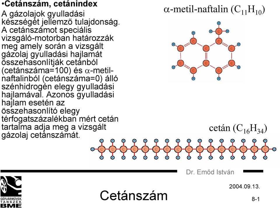 cetánból (cetánszáma=100) és α-metilnaftalinból (cetánszáma=0) álló szénhidrogén elegy gyulladási hajlamával.