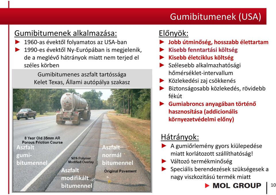 hőmérséklet-intervallum Közlekedési zaj csökkenés Biztonságosabb közlekedés, rövidebb fékút Gumiabroncs anyagában történő hasznosítása (addicionális környezetvédelmi előny) Aszfalt gumibitumennel