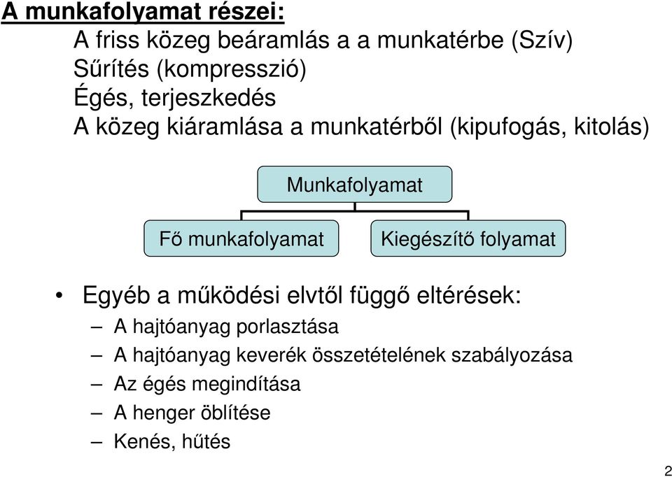 munkafolyamat Kiegészítı folyamat Egyéb a mőködési elvtıl függı eltérések: A hajtóanyag