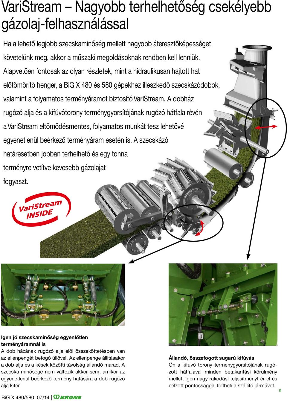 Alapvetően fontosak az olyan részletek, mint a hidraulikusan hajtott hat előtömörítő henger, a BiG X 480 és 580 gépekhez illeszkedő szecskázódobok, valamint a folyamatos terményáramot biztosító