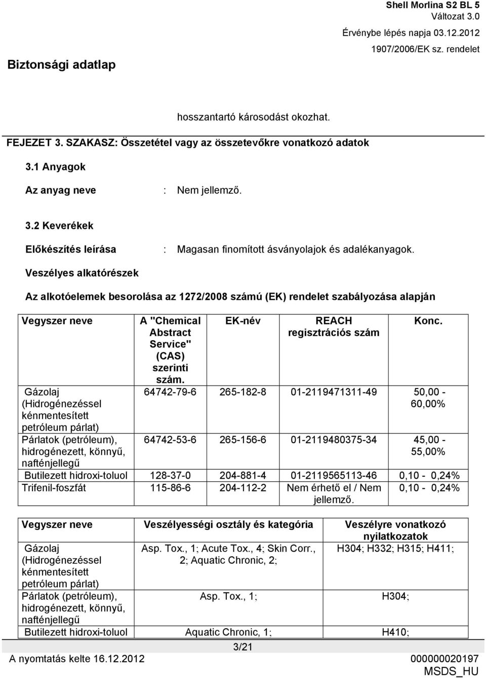 hidrogénezett, könnyű, nafténjellegű A "Chemical Abstract Service" (CAS) szerinti szám. EK-név REACH regisztrációs szám Konc.