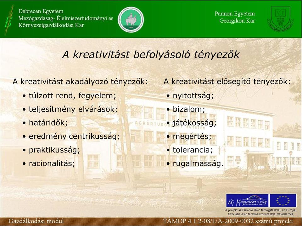 eredmény centrikusság; praktikusság; racionalitás; A kreativitást