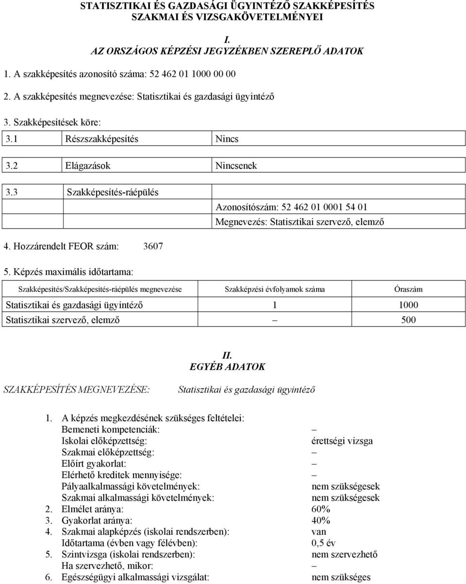 3 Szakképesítés-ráépülés Azonosítószám: 52 462 01 0001 54 01 Megnevezés: Statisztikai szervező, elemző 4. Hozzárendelt FEOR szám: 3607 5.