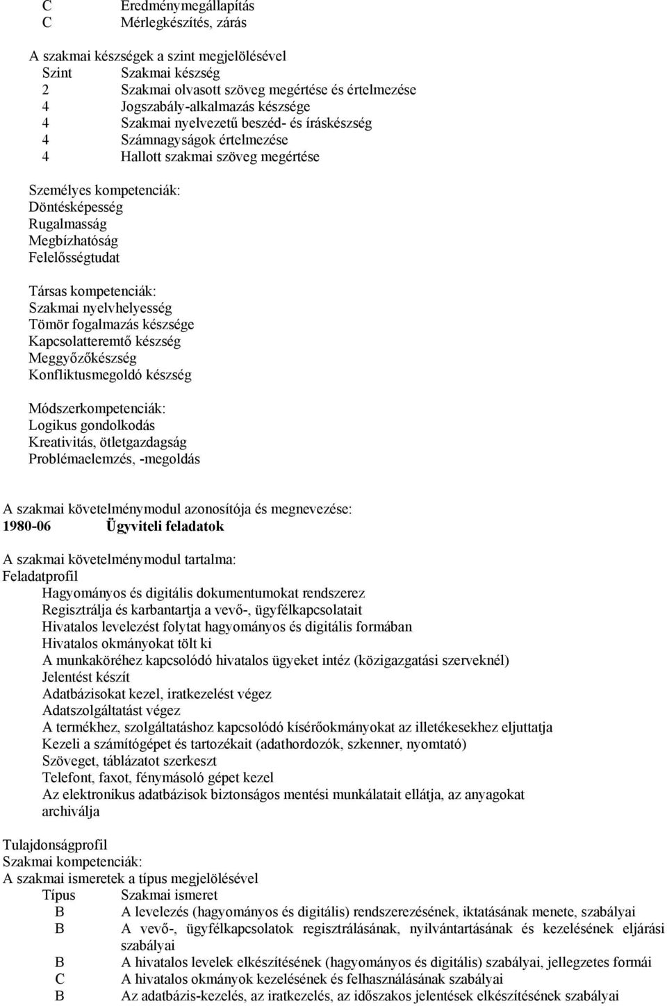 kompetenciák: Szakmai nyelvhelyesség Tömör fogalmazás készsége Kapcsolatteremtő készség Meggyőzőkészség Konfliktusmegoldó készség Módszerkompetenciák: Logikus gondolkodás Kreativitás, ötletgazdagság