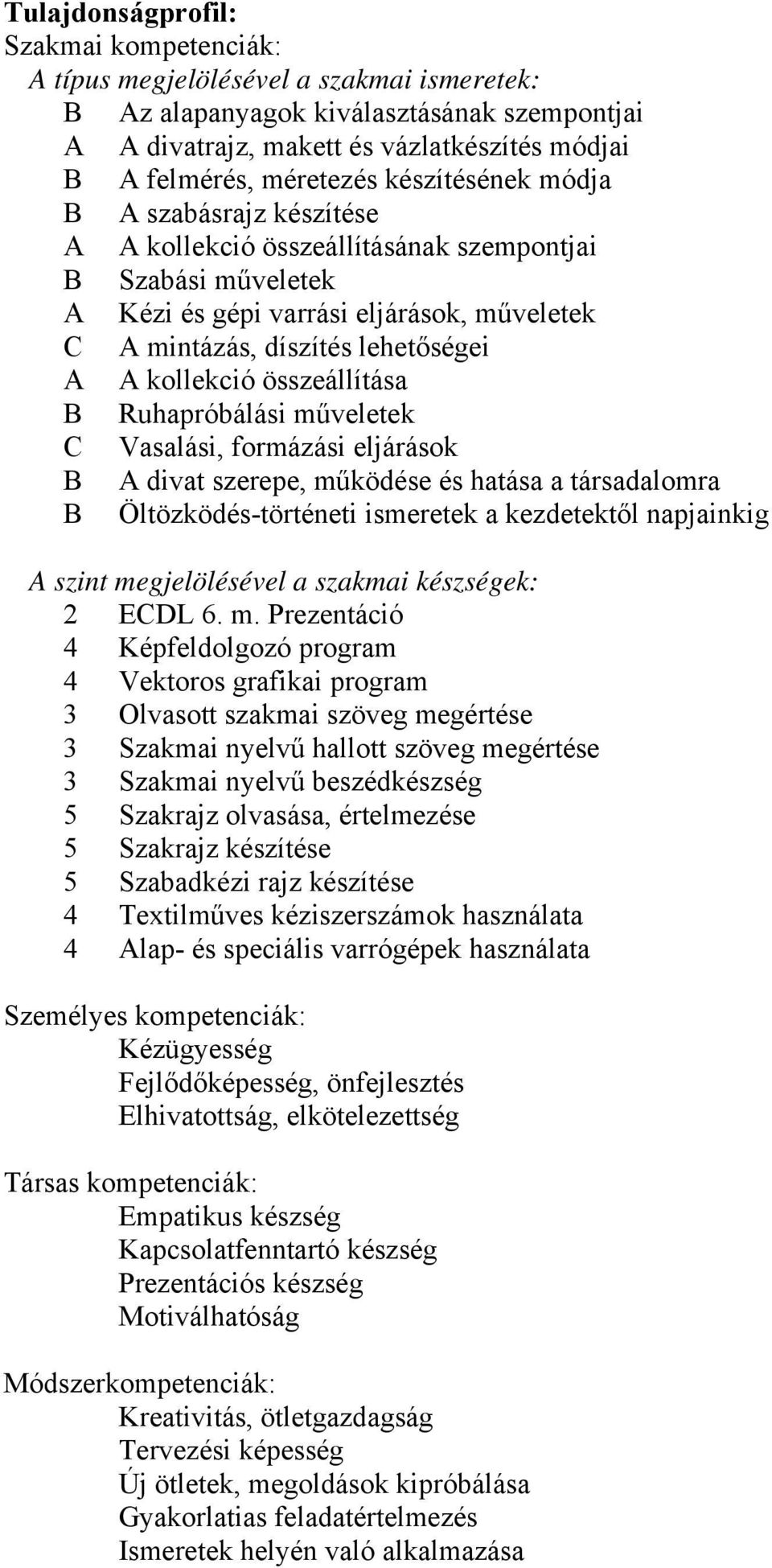 kollekció összeállítása B Ruhapróbálási műveletek C Vasalási, formázási eljárások B A divat szerepe, működése és hatása a társadalomra B Öltözködés-történeti ismeretek a kezdetektől napjainkig A