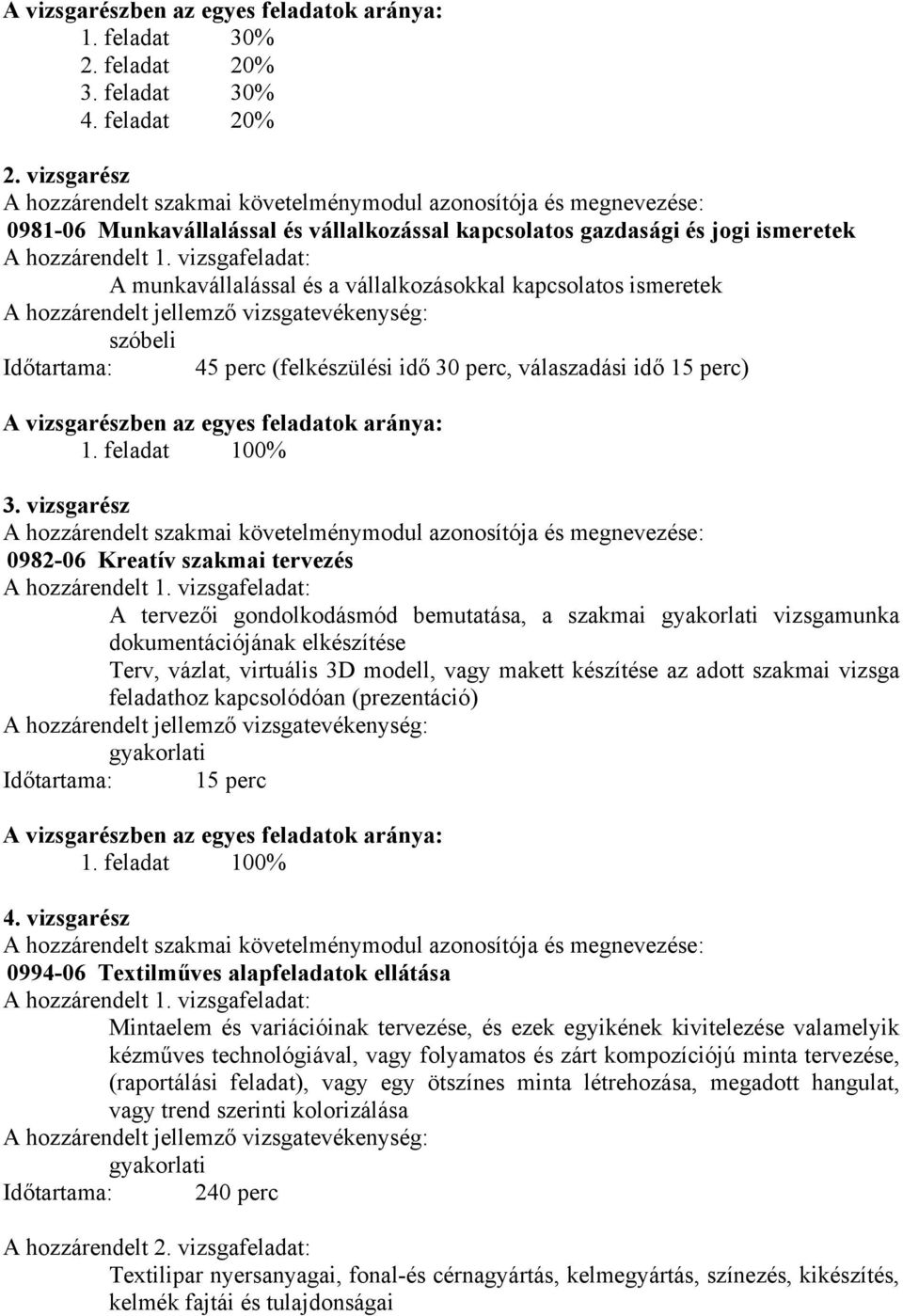 vizsgafeladat: A munkavállalással és a vállalkozásokkal kapcsolatos ismeretek szóbeli Időtartama: 45 perc (felkészülési idő 30 perc, válaszadási idő 15 perc) A vizsgarészben az egyes feladatok