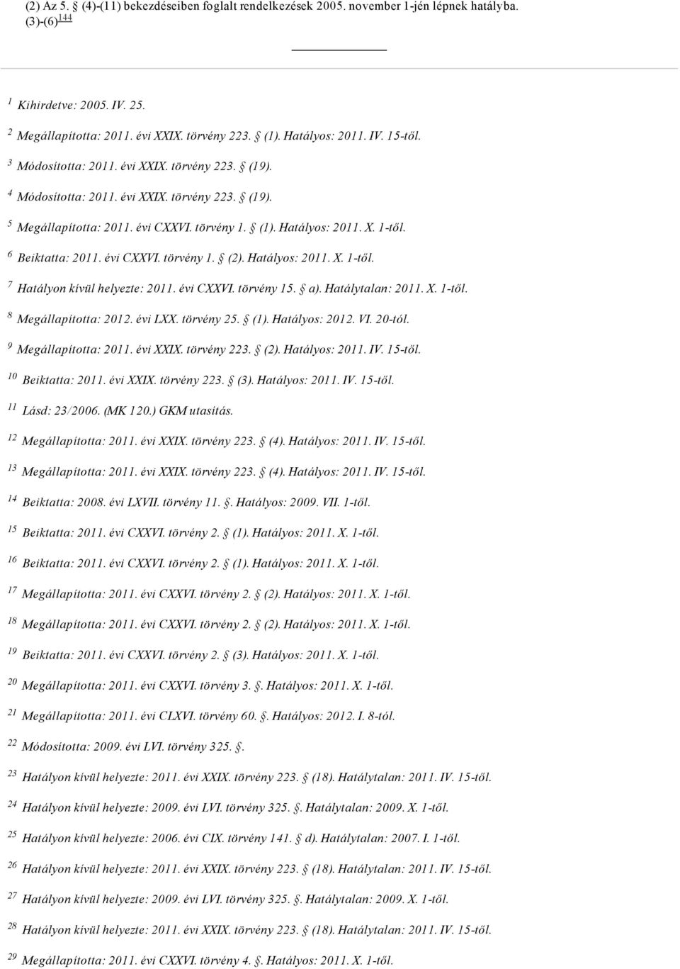 Beiktatta: 2011. évi CXXVI. törvény 1.. Hatályos: 2011. X. 1 től. Hatályon kívül helyezte: 2011. évi CXXVI. törvény 15. a). Hatálytalan: 2011. X. 1 től. Megállapította: 2012. évi LXX. törvény 25. (1).