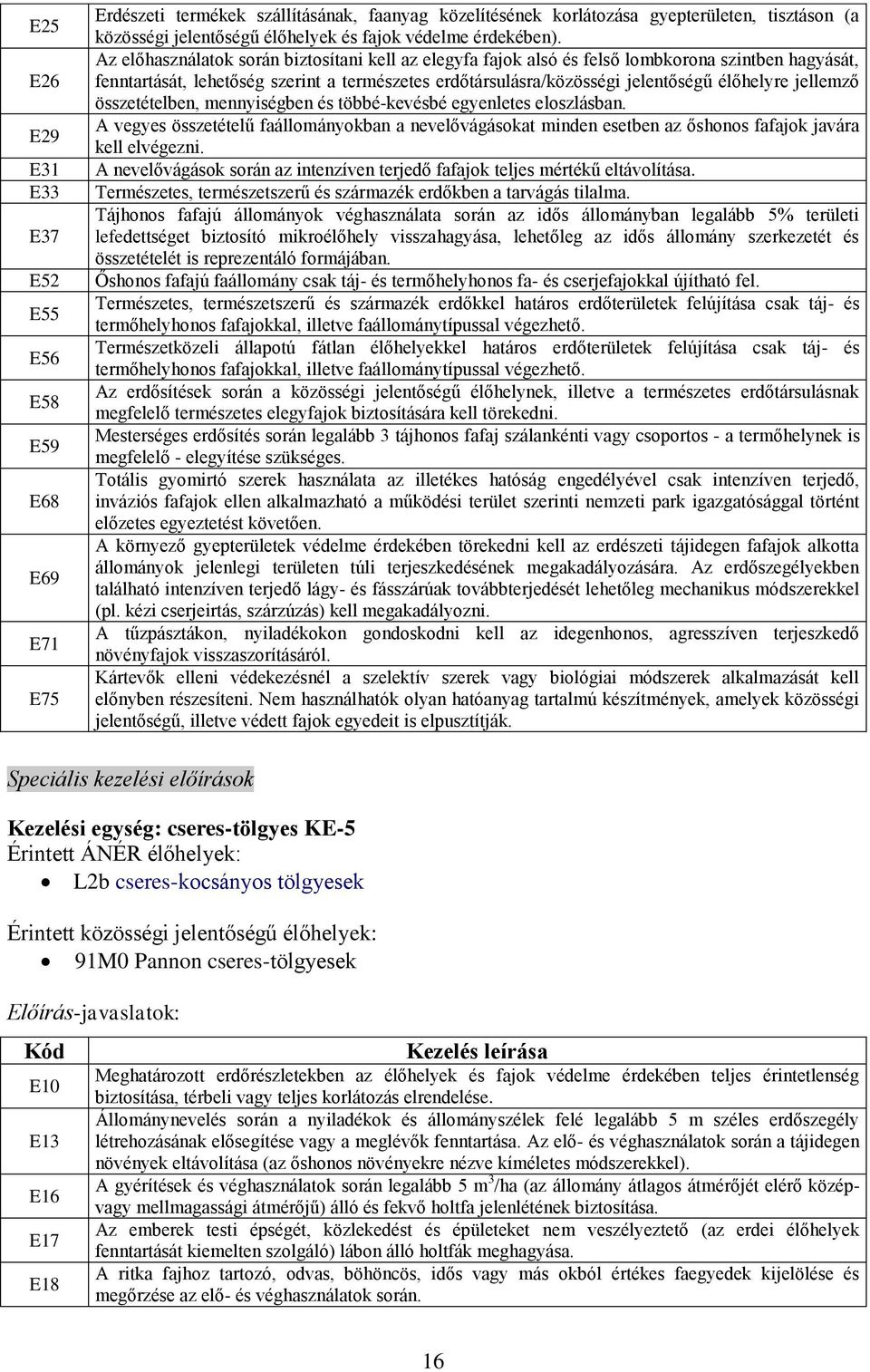 Az előhasználatok során biztosítani kell az elegyfa fajok alsó és felső lombkorona szintben hagyását, fenntartását, lehetőség szerint a természetes erdőtársulásra/közösségi jelentőségű élőhelyre