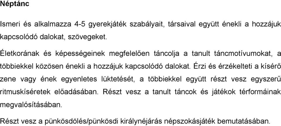 Érzi és érzékelteti a kísérő zene vagy ének egyenletes lüktetését, a többiekkel együtt részt vesz egyszerű ritmuskíséretek előadásában.