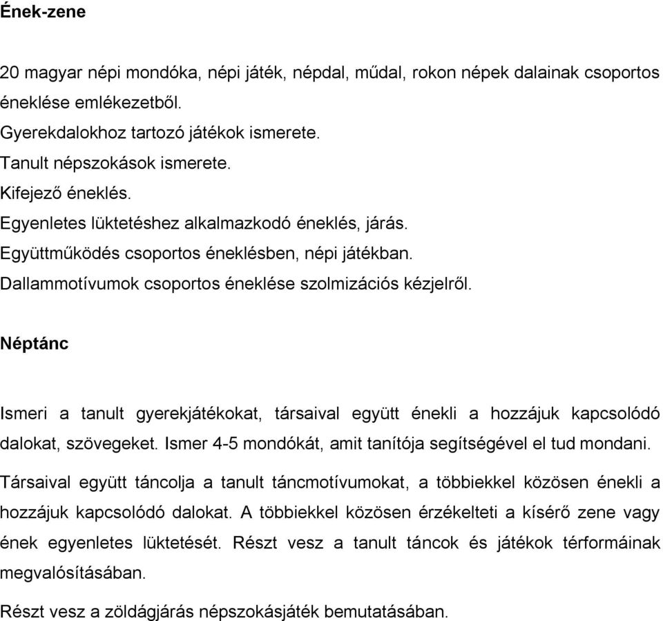 Néptánc Ismeri a tanult gyerekjátékokat, társaival együtt énekli a hozzájuk kapcsolódó dalokat, szövegeket. Ismer 4-5 mondókát, amit tanítója segítségével el tud mondani.