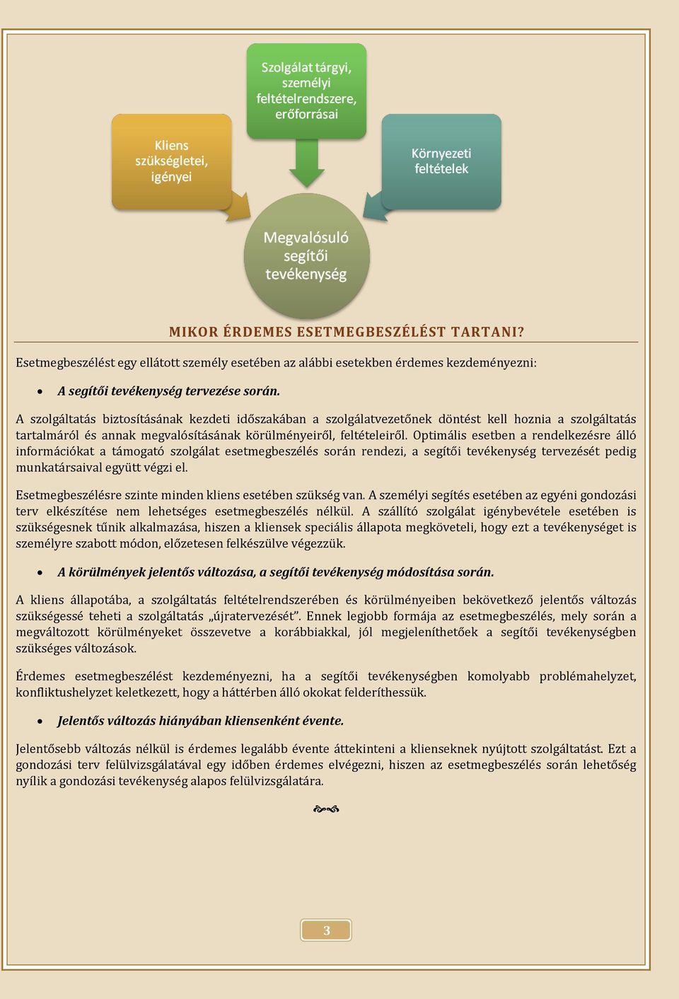 Optimális esetben a rendelkezésre álló információkat a támogató szolgálat esetmegbeszélés során rendezi, a segítői tevékenység tervezését pedig munkatársaival együtt végzi el.