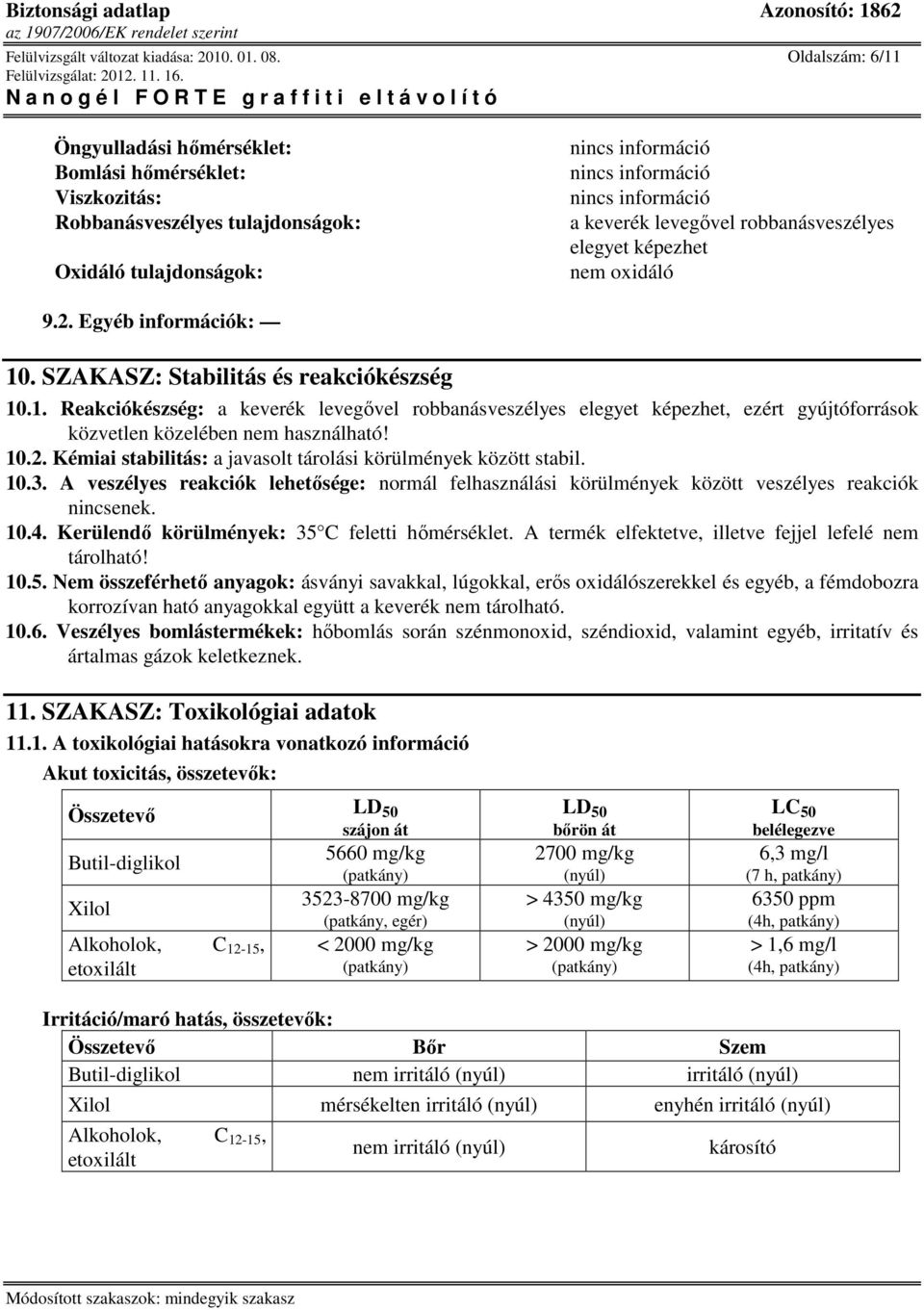 9.2. Egyéb információk: 10. SZAKASZ: Stabilitás és reakciókészség 10.1. Reakciókészség: a keverék levegıvel robbanásveszélyes elegyet képezhet, ezért gyújtóforrások közvetlen közelében nem használható!