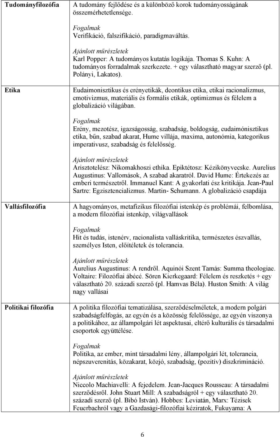 Etika Eudaimonisztikus és erényetikák, deontikus etika, etikai racionalizmus, emotivizmus, materiális és formális etikák, optimizmus és félelem a globalizáció világában.