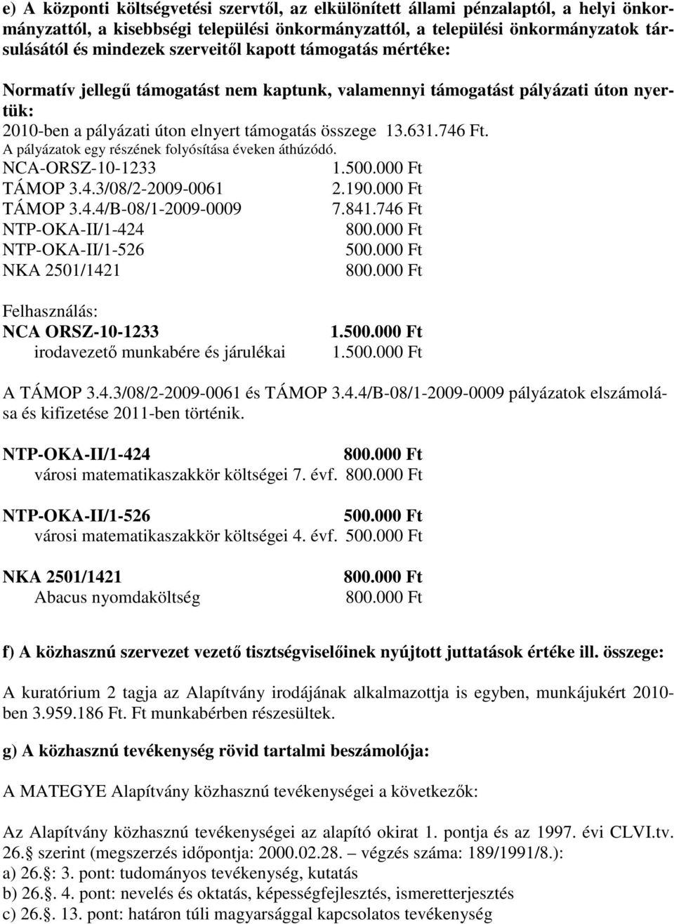 A pályázatok egy részének folyósítása éveken áthúzódó. NCA-ORSZ-10-1233 TÁMOP 3.4.3/08/2-2009-0061 TÁMOP 3.4.4/B-08/1-2009-0009 NTP-OKA-II/1-424 NTP-OKA-II/1-526 NKA 2501/1421 1.500.000 Ft 2.190.