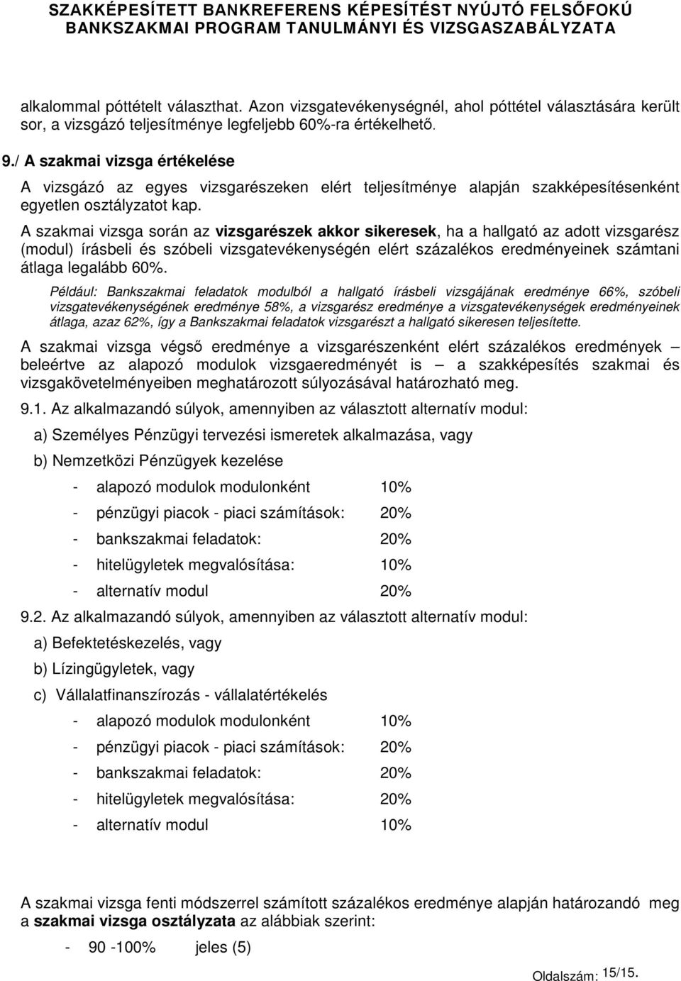 A szakmai vizsga során az vizsgarészek akkor sikeresek, ha a hallgató az adott vizsgarész (modul) írásbeli és szóbeli vizsgatevékenységén elért százalékos eredményeinek számtani átlaga legalább 60%.