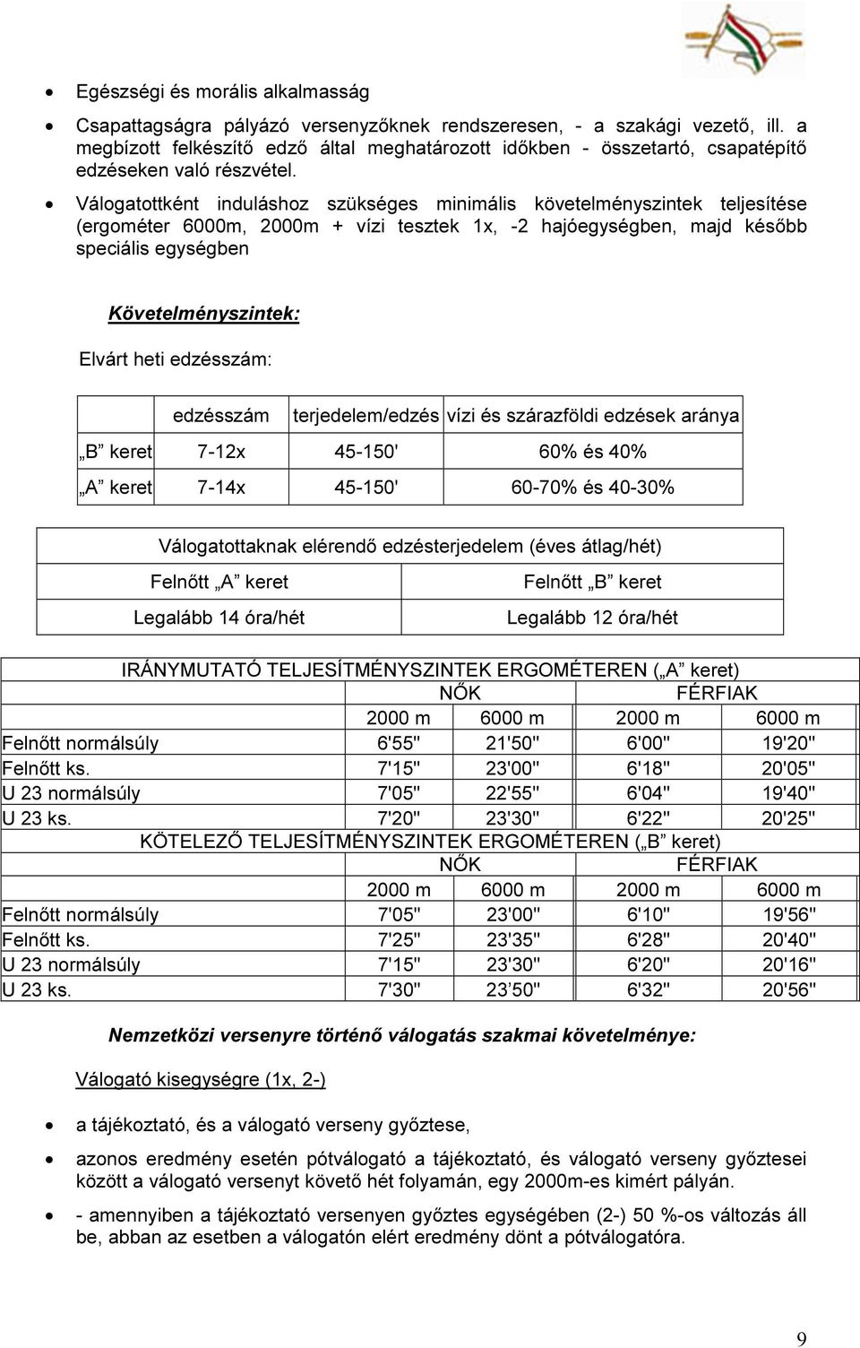 Válogatottként induláshoz szükséges minimális követelményszintek teljesítése (ergométer 6000m, 2000m + vízi tesztek 1x, -2 hajóegységben, majd később speciális egységben Követelményszintek: Elvárt