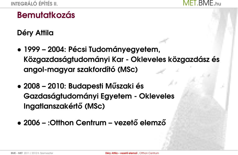 szakfordító (MSc) 2008 2010: Budapesti Műszaki és