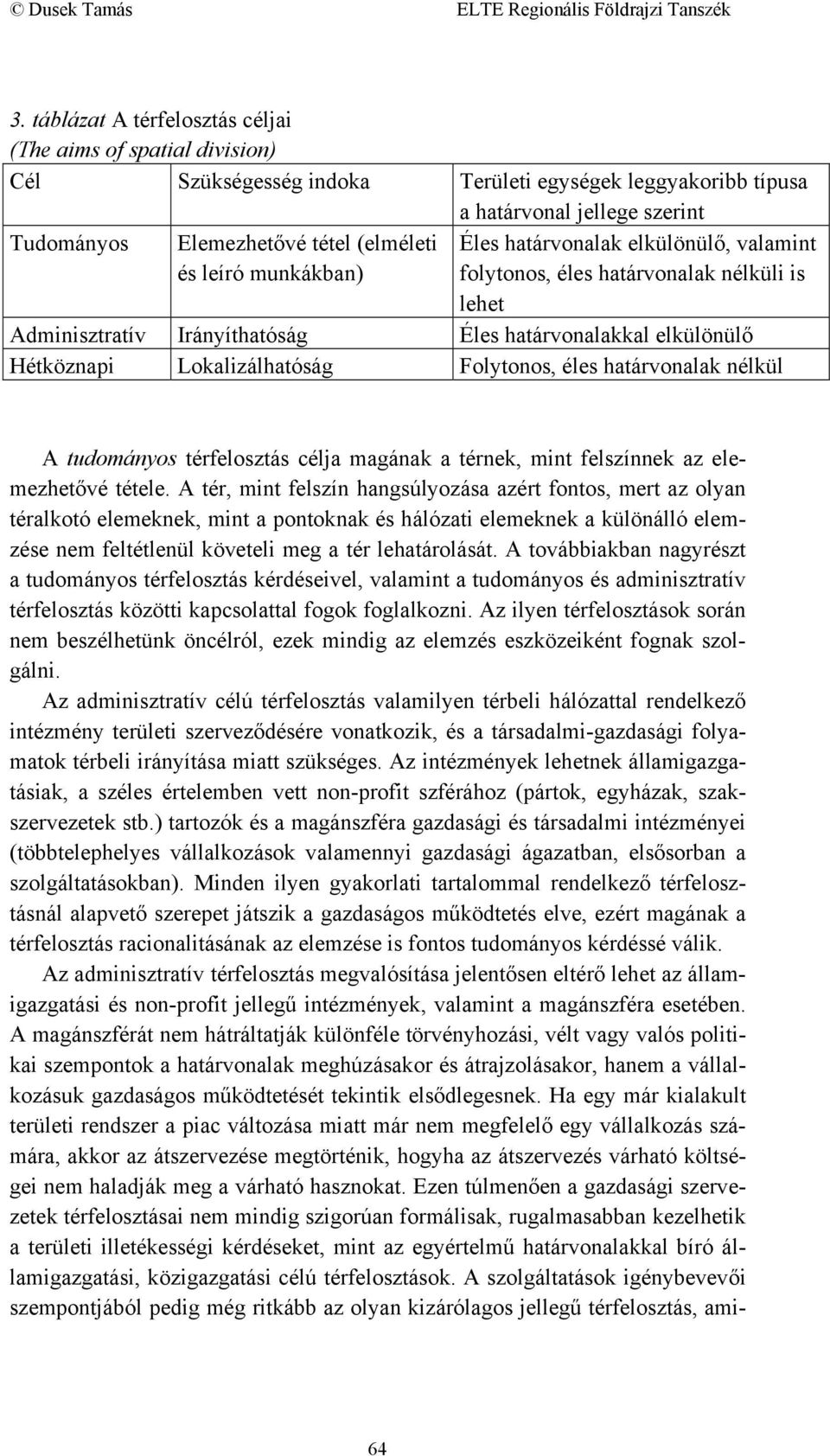 Folytonos, éles határvonalak nélkül A tudományos térfelosztás célja magának a térnek, mint felszínnek az elemezhetővé tétele.