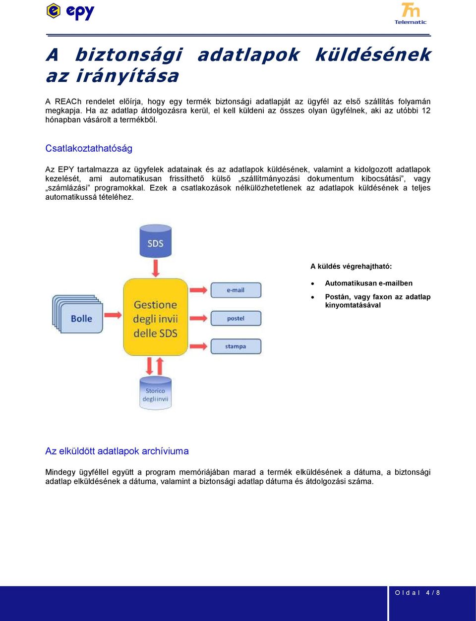 Csatlakoztathatóság Az EPY tartalmazza az ügyfelek adatainak és az adatlapok küldésének, valamint a kidolgozott adatlapok kezelését, ami automatikusan frissíthető külső szállítmányozási dokumentum