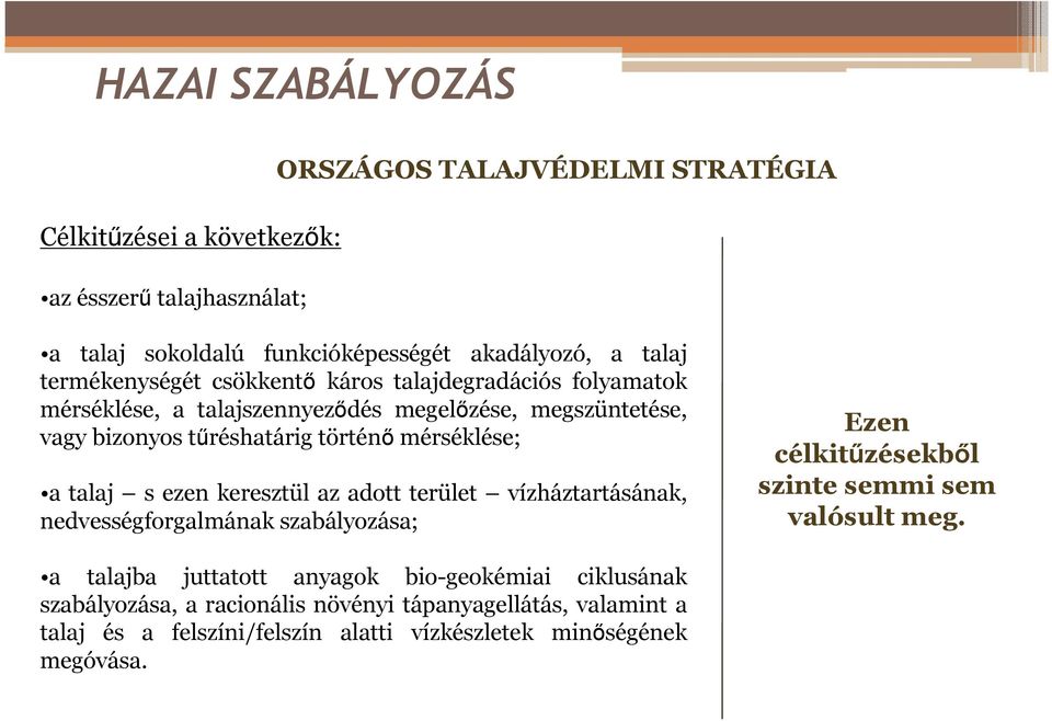 a talaj s ezen keresztül az adott terület vízháztartásának, nedvességforgalmának szabályozása; Ezen célkitőzésekbıl szinte semmi sem valósult meg.