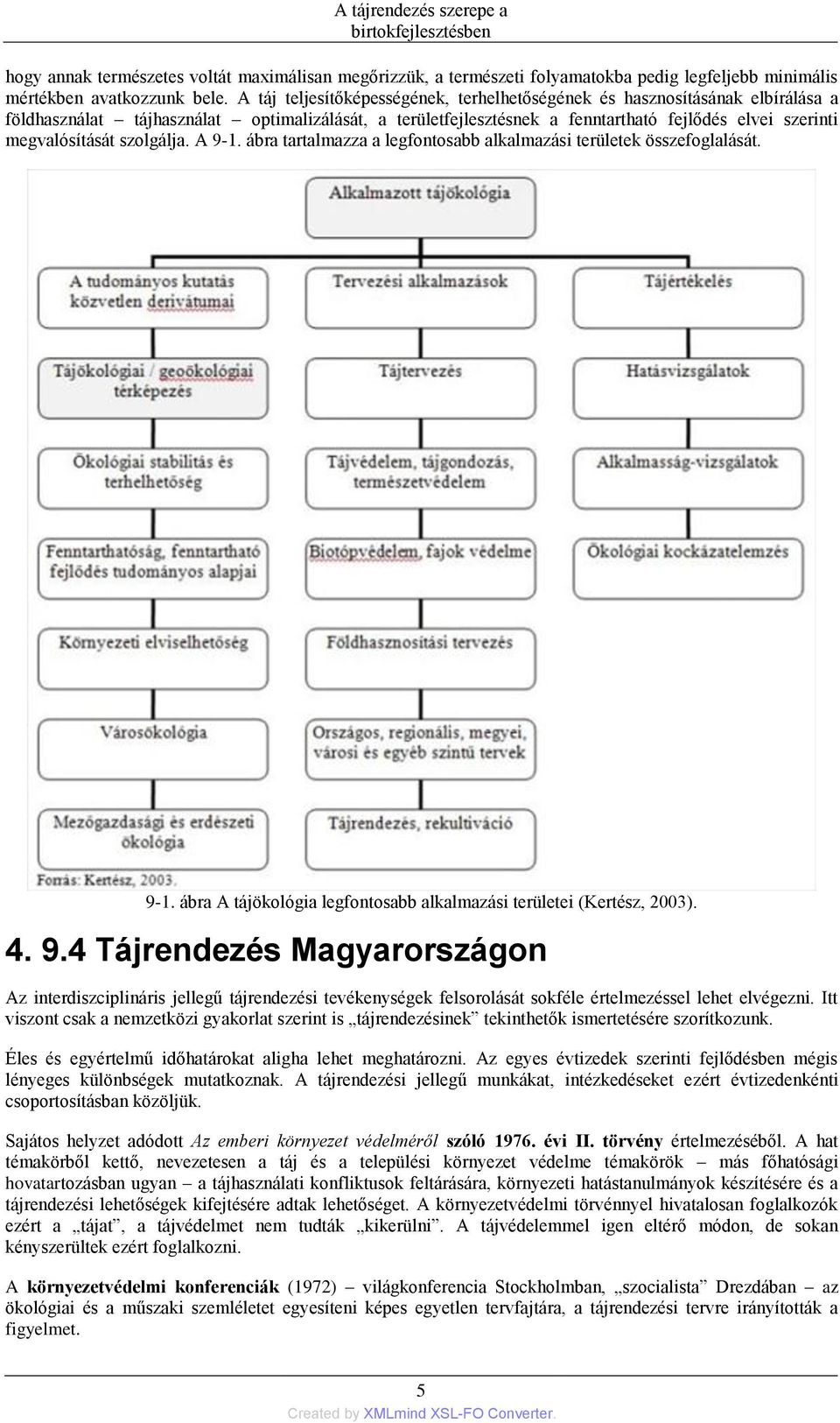 szolgálja. A 9-1. ábra tartalmazza a legfontosabb alkalmazási területek összefoglalását. 9-1. ábra A tájökológia legfontosabb alkalmazási területei (Kertész, 2003). 4. 9.4 Tájrendezés Magyarországon Az interdiszciplináris jellegű tájrendezési tevékenységek felsorolását sokféle értelmezéssel lehet elvégezni.