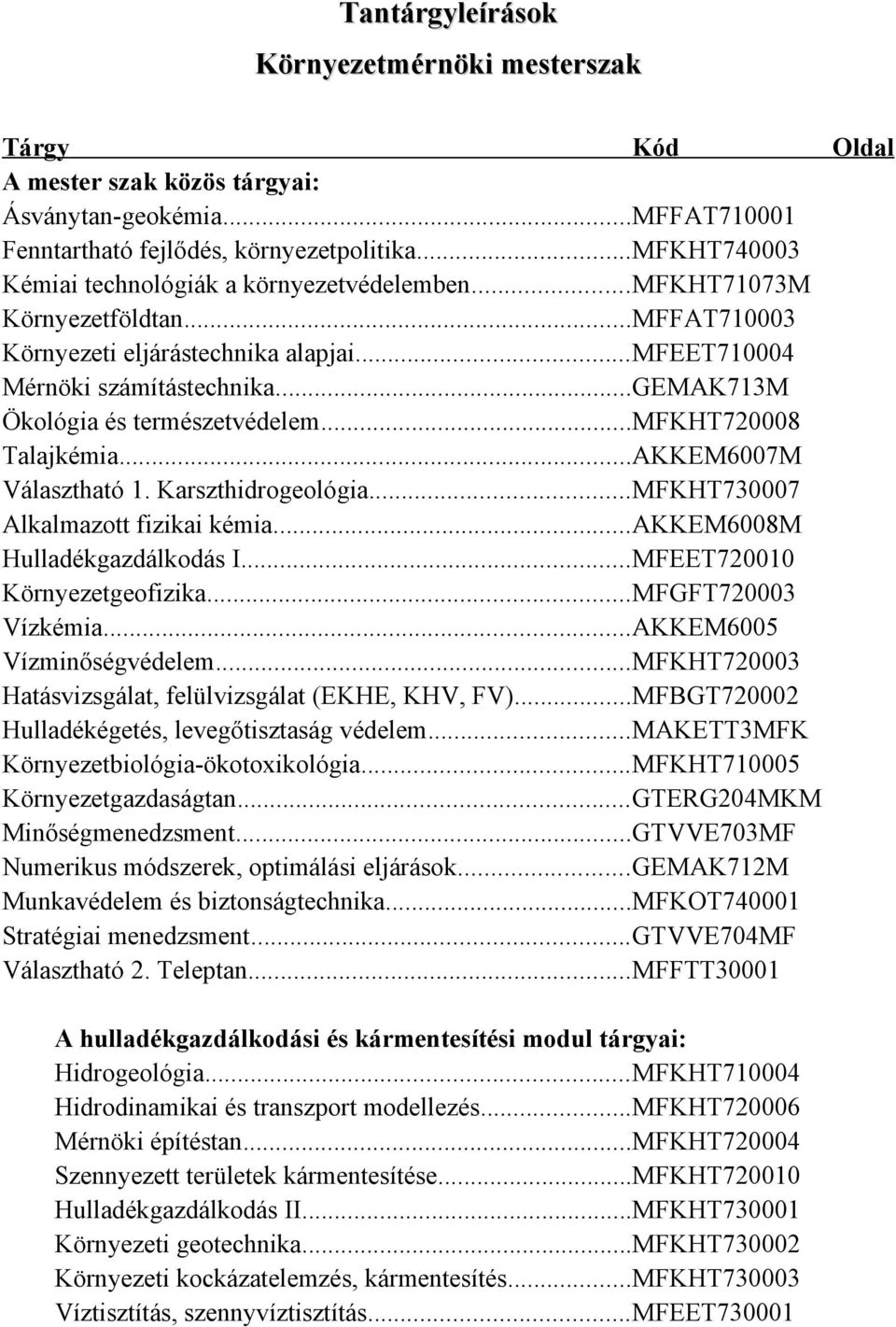 ..gemak713m Ökológia és természetvédelem...mfkht720008 Talajkémia...AKKEM6007M Választható 1. Karszthidrogeológia...MFKHT730007 Alkalmazott fizikai kémia...akkem6008m Hulladékgazdálkodás I.