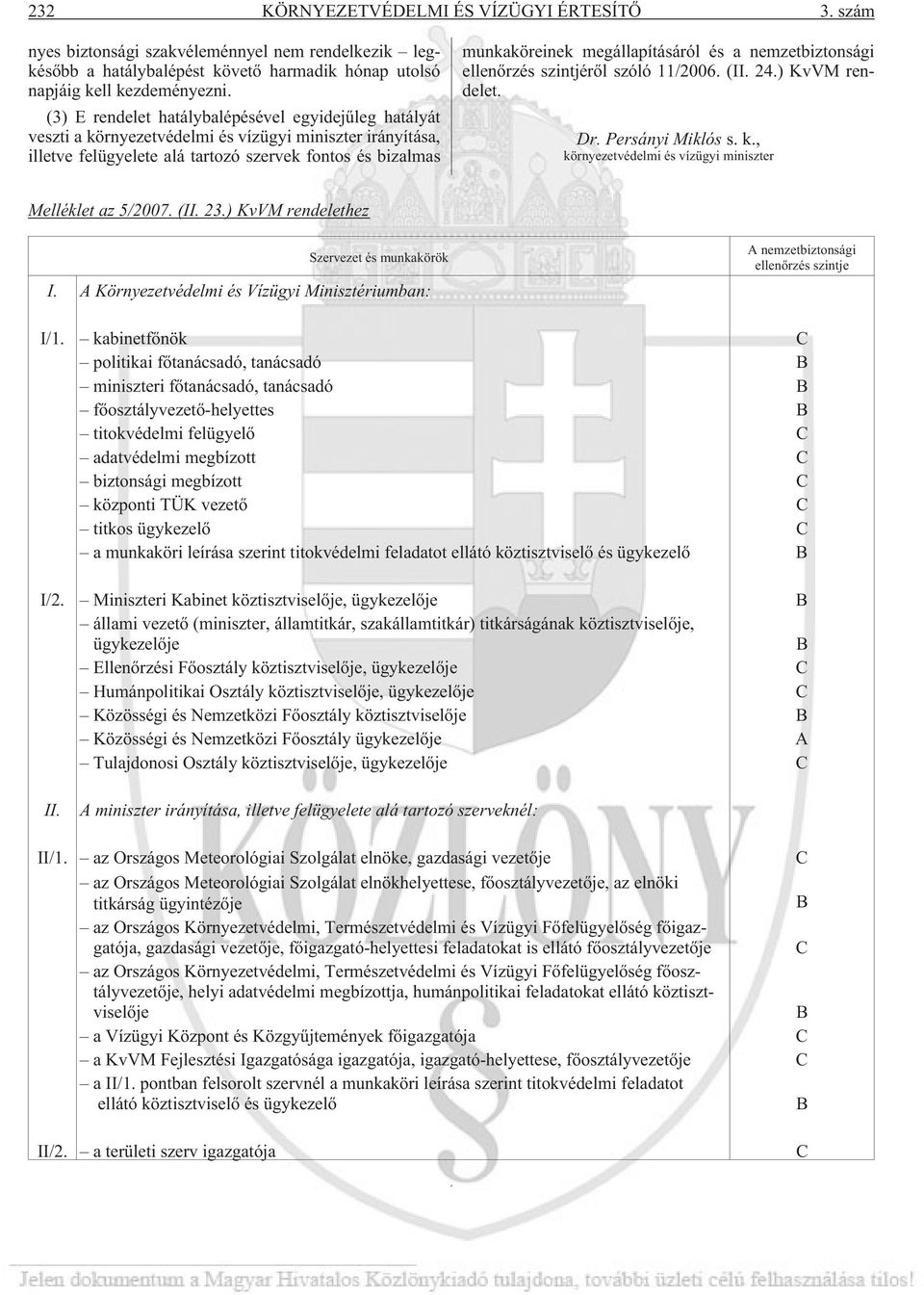 megállapításáról és a nemzetbiztonsági ellenõrzés szintjérõl szóló 11/2006. (II. 24.) KvVM rendelet. Dr. Persányi Miklós s. k., környezetvédelmi és vízügyi miniszter Melléklet az 5/2007. (II. 23.