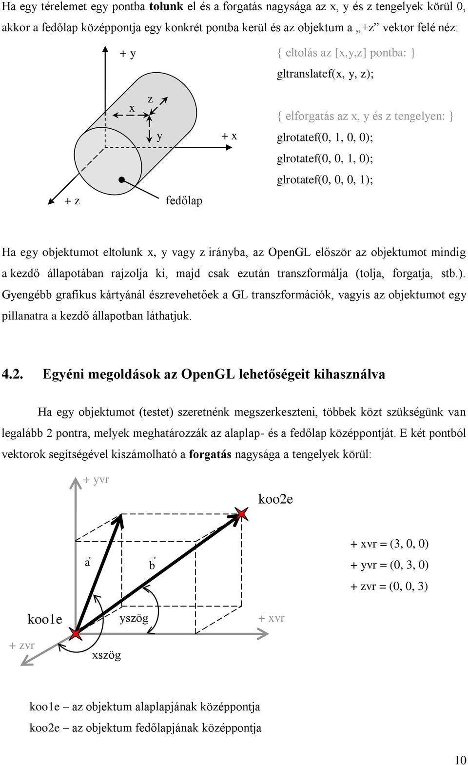 eltolunk x, y vagy z irányba, az OpenGL először az objektumot mindig a kezdő állapotában rajzolja ki, majd csak ezután transzformálja (tolja, forgatja, stb.).