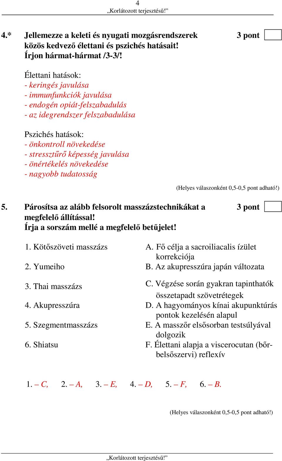 - önértékelés növekedése - nagyobb tudatosság (Helyes válaszonként 0,5-0,5 pont adható!) 5. Párosítsa az alább felsorolt masszázstechnikákat a 3 pont megfelelő állítással!