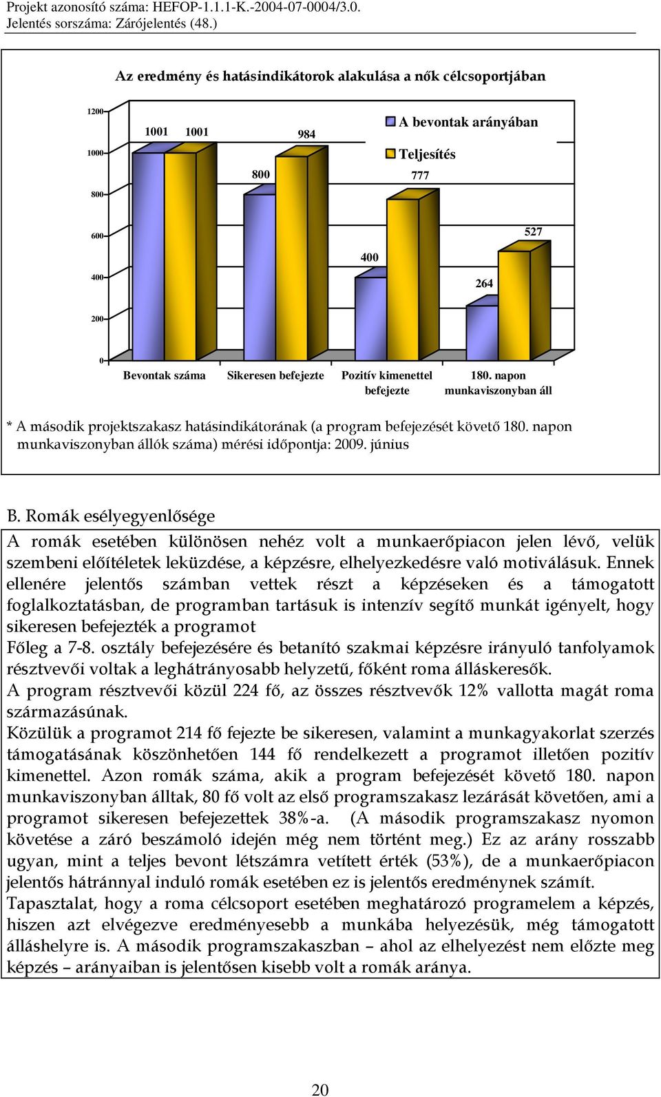 június B. Romák esélyegyenlısége A romák esetében különösen nehéz volt a munkaerıpiacon jelen lévı, velük szembeni elıítéletek leküzdése, a képzésre, elhelyezkedésre való motiválásuk.