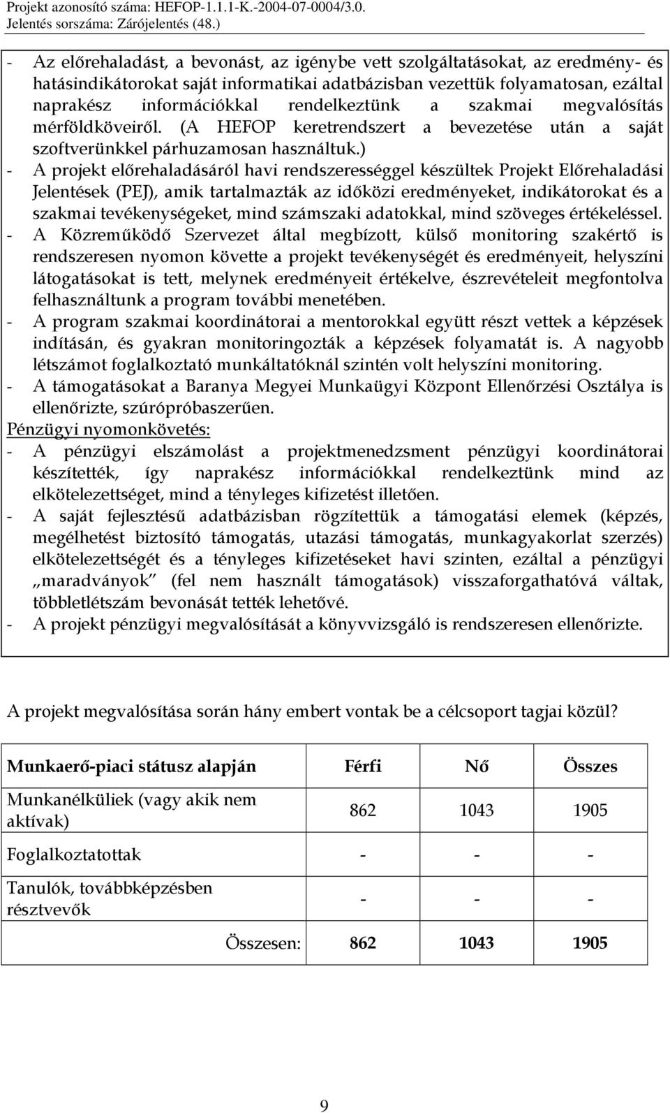 ) - A projekt elırehaladásáról havi rendszerességgel készültek Projekt Elırehaladási Jelentések (PEJ), amik tartalmazták az idıközi eredményeket, indikátorokat és a szakmai tevékenységeket, mind