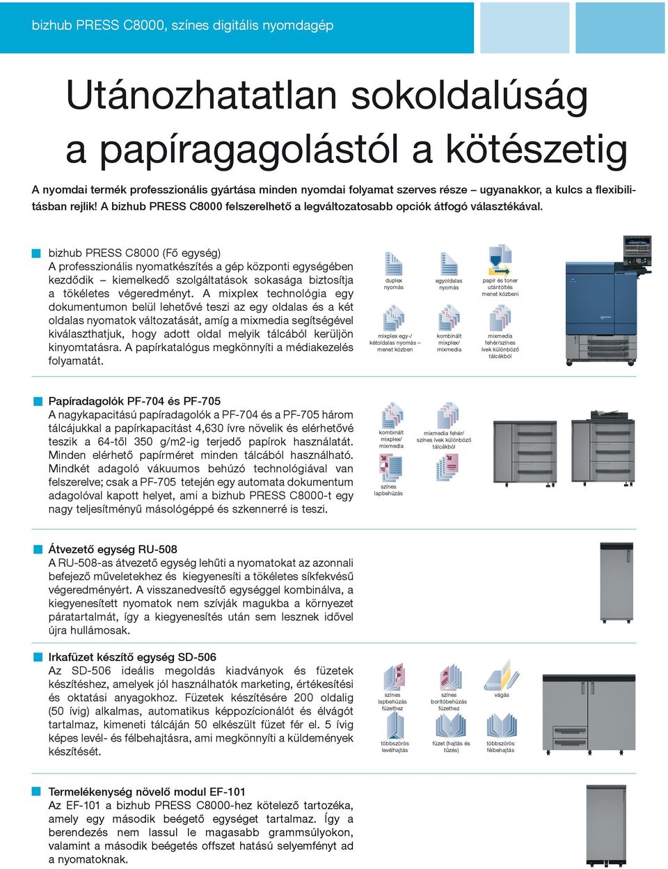 bizhub PRESS C8000 (Fő egység) A professzionális nyomatkészítés a gép központi egységében kezdődik kiemelkedő szolgáltatások sokasága biztosítja a tökéletes végeredményt.