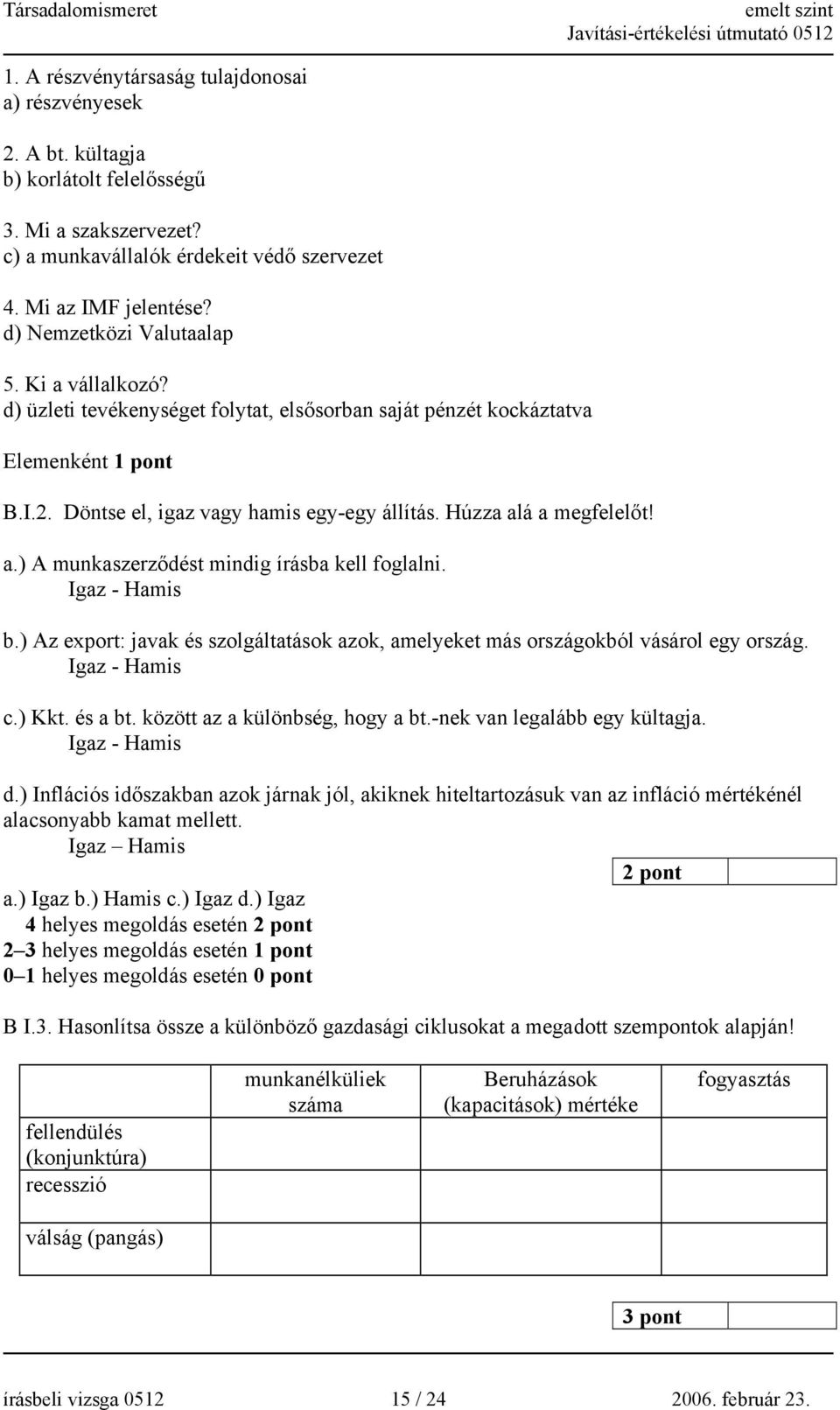 Húzza alá a megfelelőt! a.) A munkaszerződést mindig írásba kell foglalni. Igaz - Hamis b.) Az export: javak és szolgáltatások azok, amelyeket más országokból vásárol egy ország. Igaz - Hamis c.) Kkt.