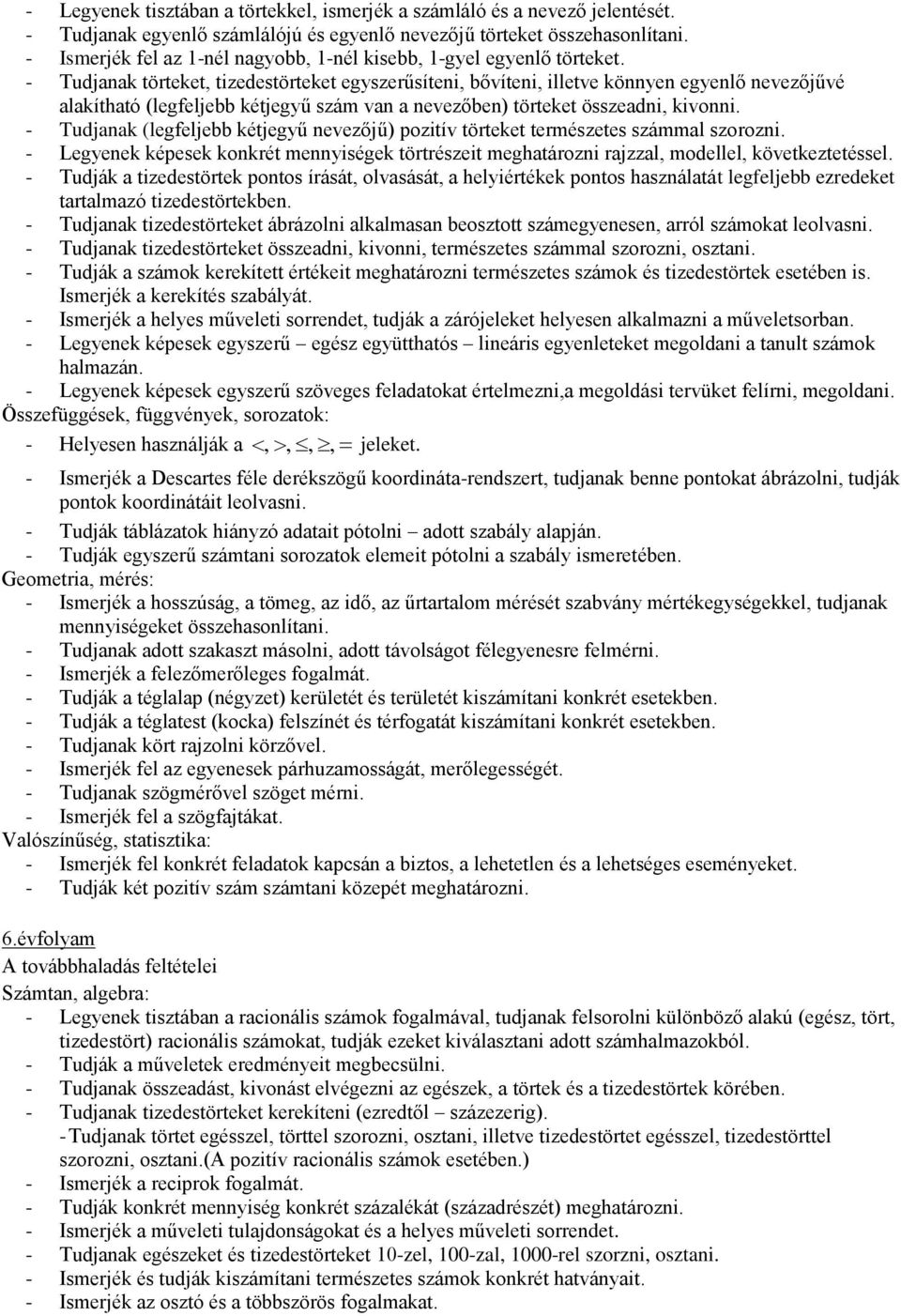 - Tudjanak törteket, tizedestörteket egyszerűsíteni, bővíteni, illetve könnyen egyenlő nevezőjűvé alakítható (legfeljebb kétjegyű szám van a nevezőben) törteket összeadni, kivonni.