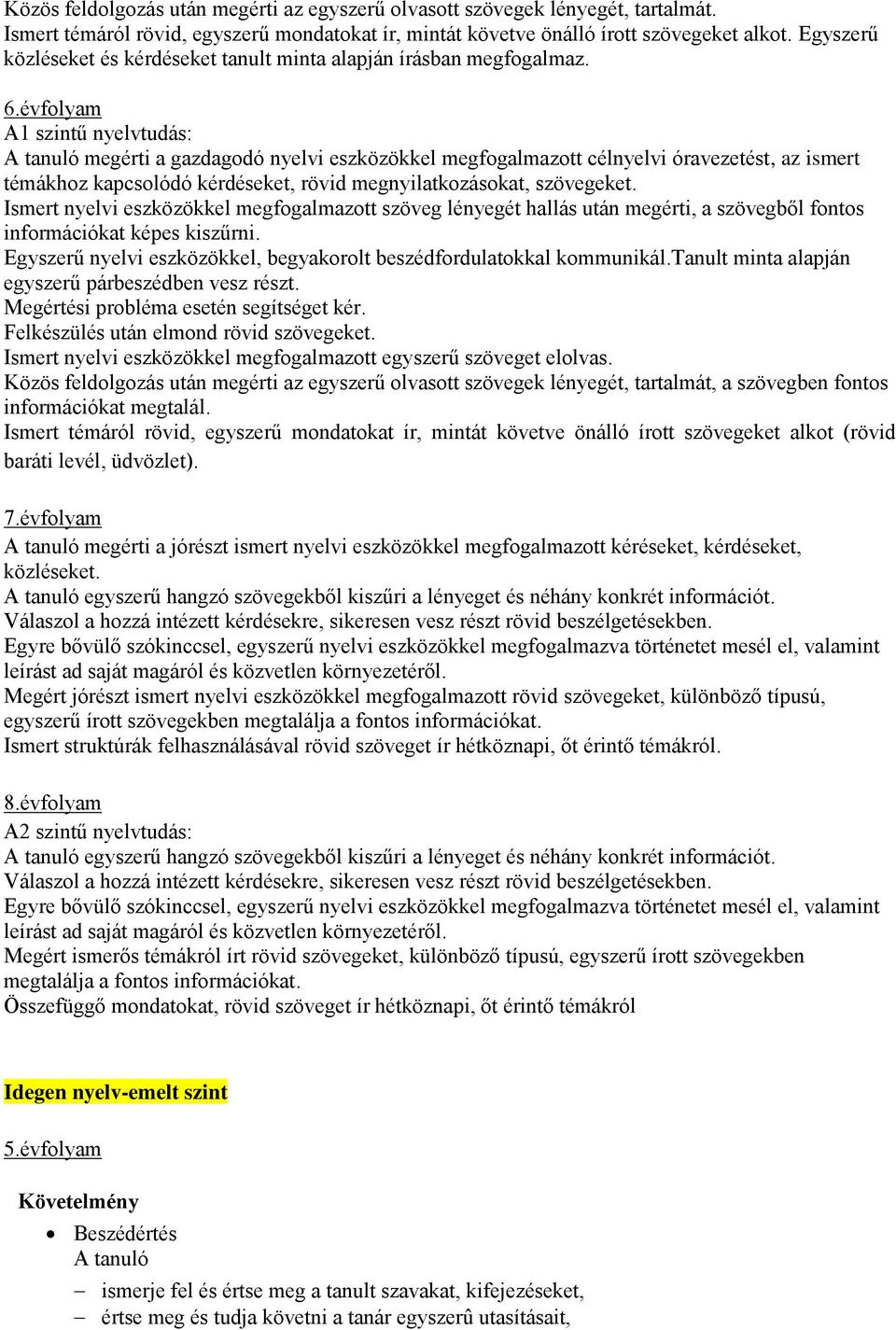 évfolyam A1 szintű nyelvtudás: megérti a gazdagodó nyelvi eszközökkel megfogalmazott célnyelvi óravezetést, az ismert témákhoz kapcsolódó kérdéseket, rövid megnyilatkozásokat, szövegeket.