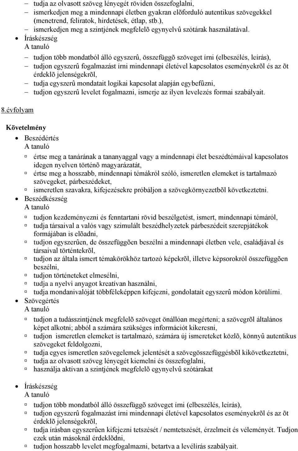 évfolyam tudjon több mondatból álló egyszerû, összefüggõ szöveget írni (elbeszélés, leírás), tudjon egyszerû fogalmazást írni mindennapi életével kapcsolatos eseményekrõl és az õt érdeklõ