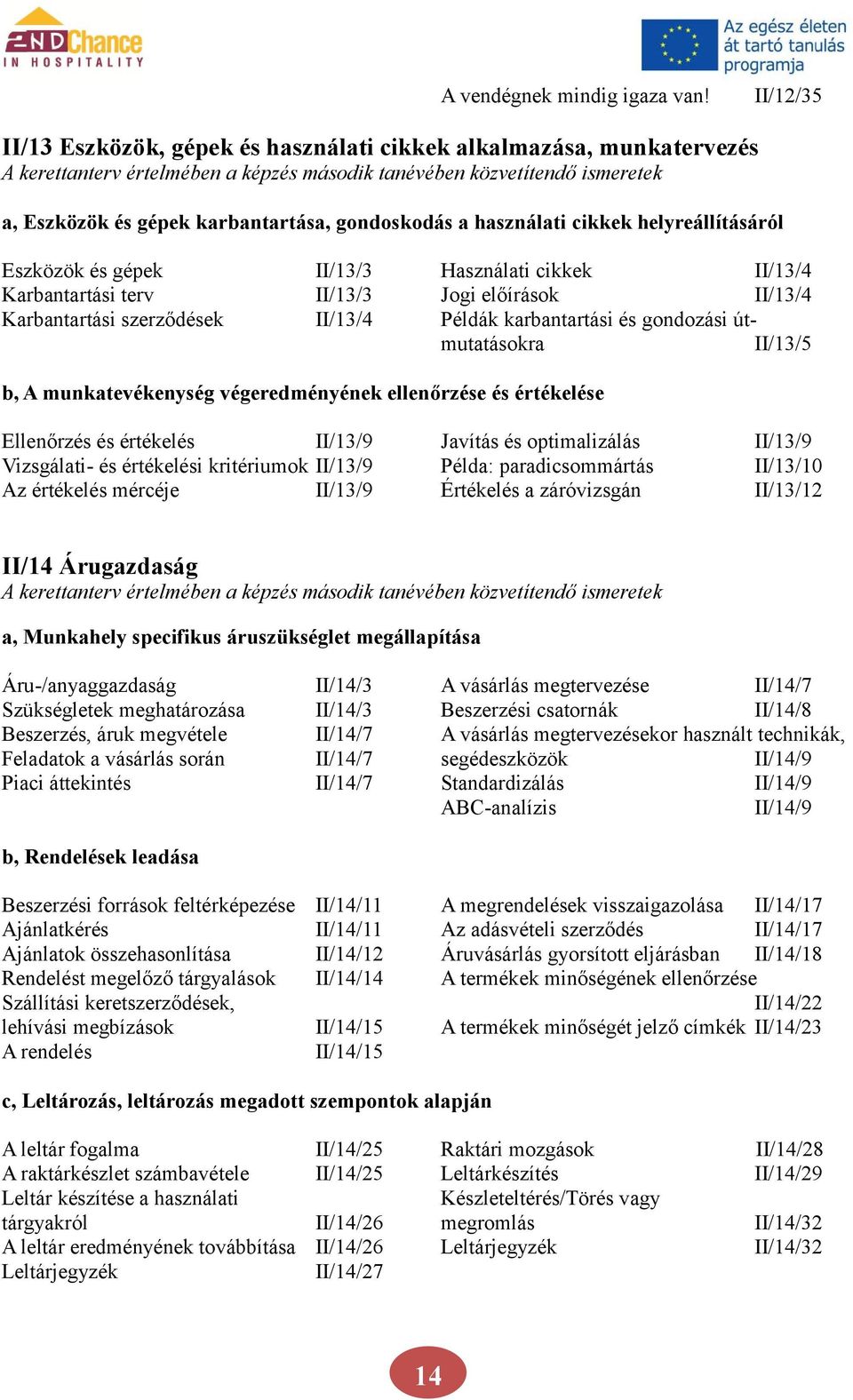 gondoskodás a használati cikkek helyreállításáról Eszközök és gépek II/13/3 Használati cikkek II/13/4 Karbantartási terv II/13/3 Jogi előírások II/13/4 Karbantartási szerződések II/13/4 Példák