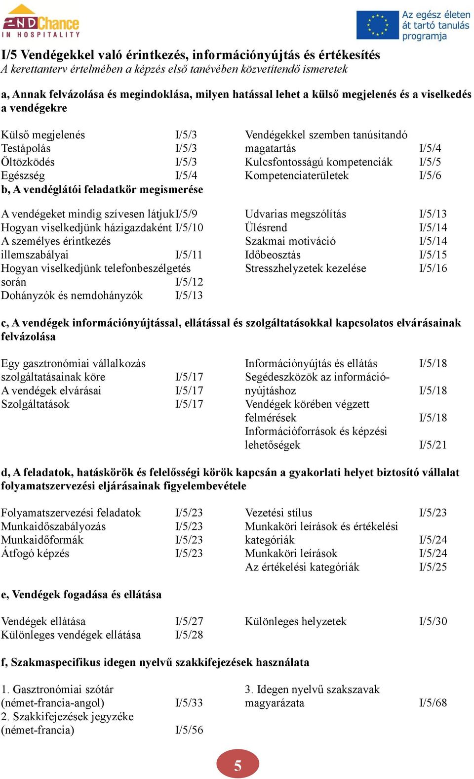 I/5/4 Kompetenciaterületek I/5/6 b, A vendéglátói feladatkör megismerése A vendégeket mindig szívesen látjuk I/5/9 Udvarias megszólítás I/5/13 Hogyan viselkedjünk házigazdaként I/5/10 Ülésrend I/5/14