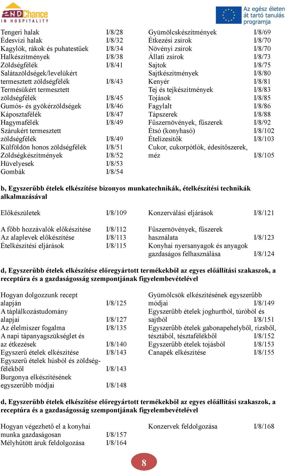 I/8/45 Tojások I/8/85 Gumós- és gyökérzöldségek I/8/46 Fagylalt I/8/86 Káposztafélék I/8/47 Tápszerek I/8/88 Hagymafélék I/8/49 Fűszernövények, fűszerek I/8/92 Szárukért termesztett Étsó (konyhasó)