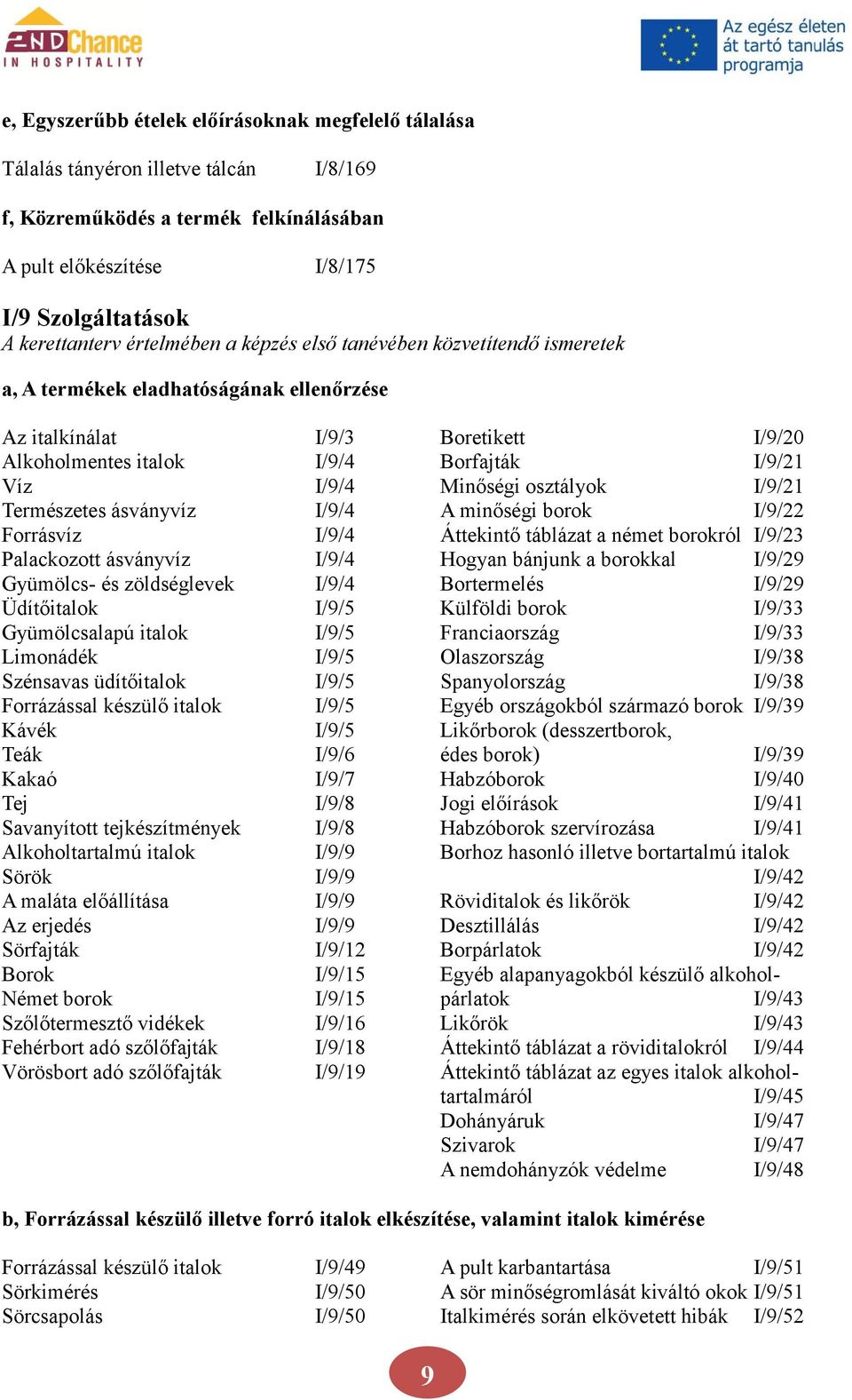 Minőségi osztályok I/9/21 Természetes ásványvíz I/9/4 A minőségi borok I/9/22 Forrásvíz I/9/4 Áttekintő táblázat a német borokról I/9/23 Palackozott ásványvíz I/9/4 Hogyan bánjunk a borokkal I/9/29