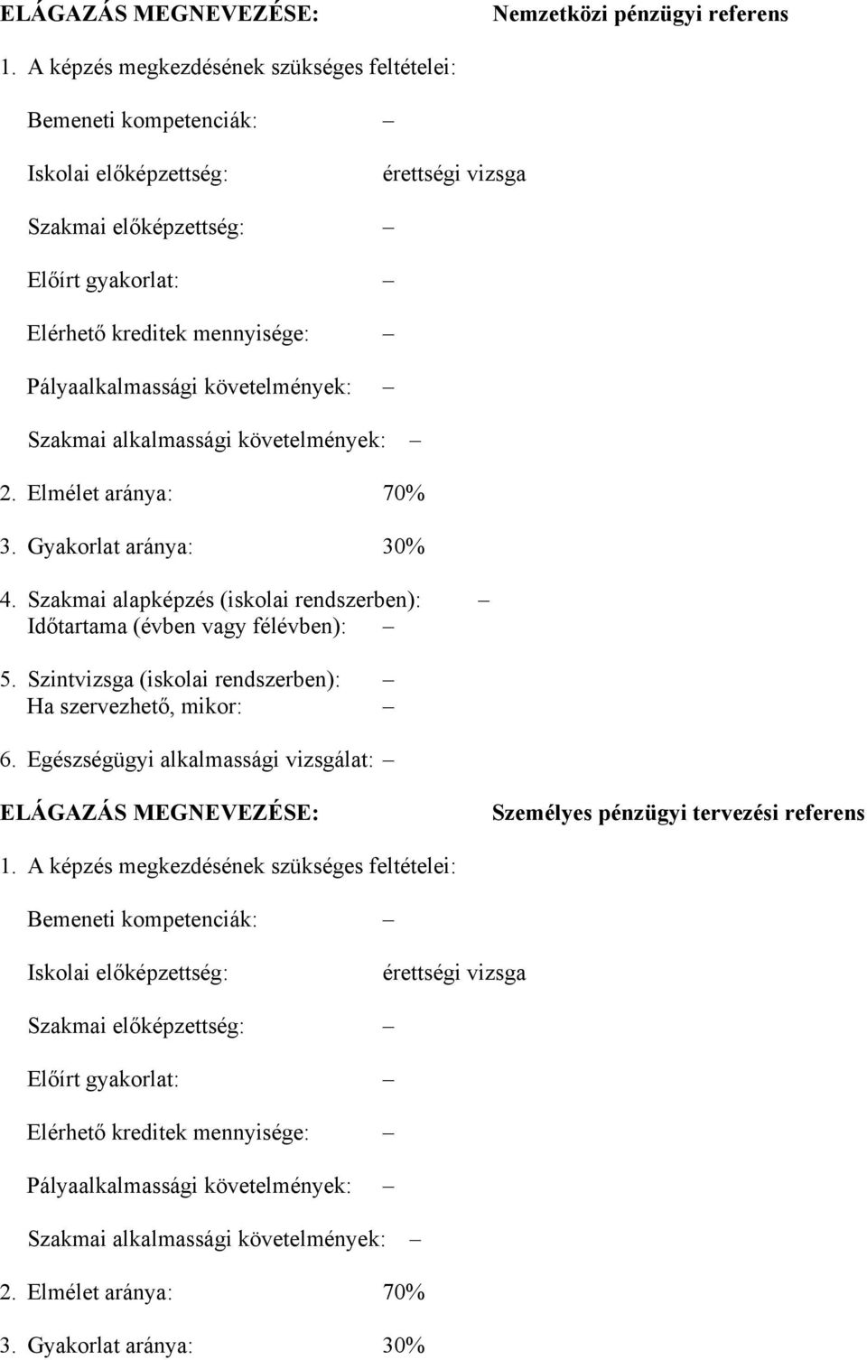 követelmények: Szakmai alkalmassági követelmények: 2. Elmélet aránya: 70% 3. Gyakorlat aránya: 30% 4. Szakmai alapképzés (iskolai rendszerben): Időtartama (évben vagy félévben): 5.