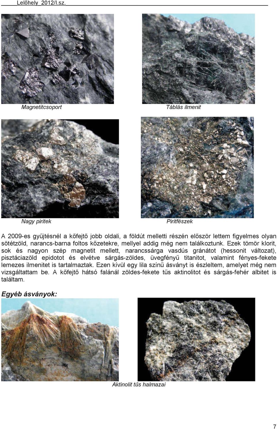 Ezek tömör klorit, sok és nagyon szép magnetit mellett, narancssárga vasdús gránátot (hessonit változat), pisztáciazöld epidotot és elvétve sárgás-zöldes, üvegfény