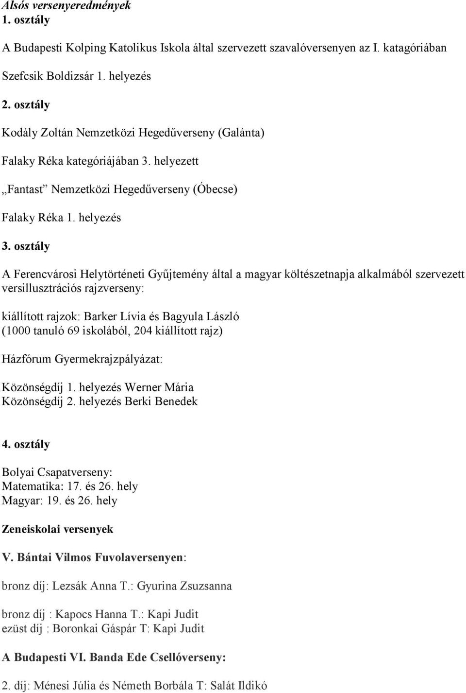 osztály A Ferencvárosi Helytörténeti Gyűjtemény által a magyar költészetnapja alkalmából szervezett versillusztrációs rajzverseny: kiállított rajzok: Barker Lívia és Bagyula László (1000 tanuló 69