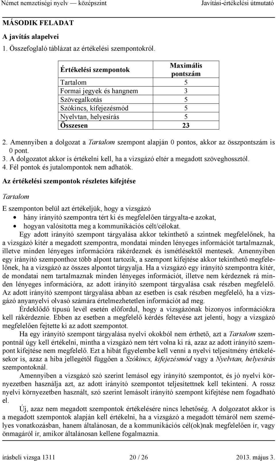 Amennyiben a dolgozat a Tartalom szempont alapján 0 pontos, akkor az összpontszám is 0 pont. 3. A dolgozatot akkor is értékelni kell, ha a vizsgázó eltér a megadott szöveghossztól. 4.