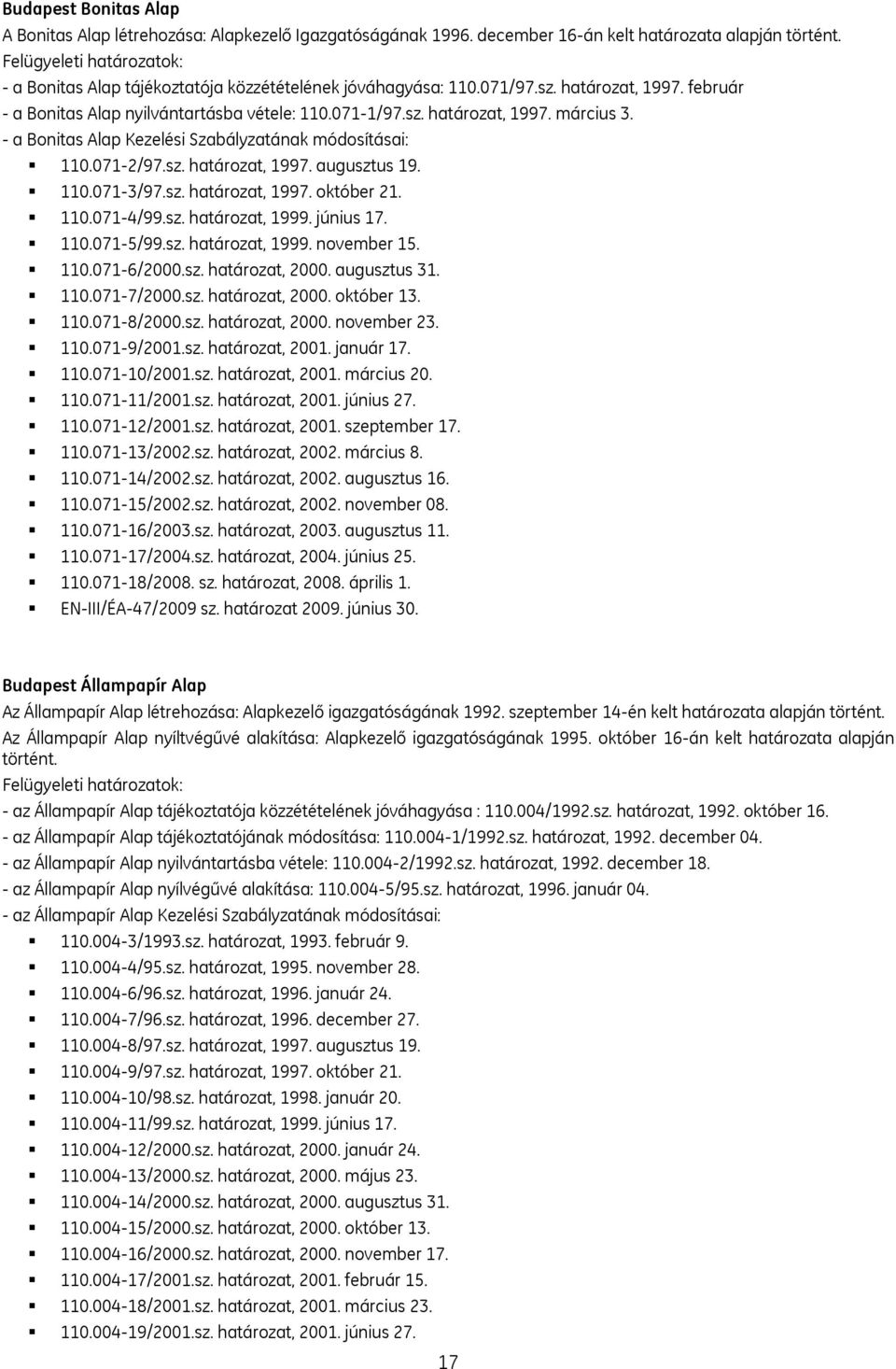 - a Bonitas Alap Kezelési Szabályzatának módosításai: 110.071-2/97.sz. határozat, 1997. augusztus 19. 110.071-3/97.sz. határozat, 1997. október 21. 110.071-4/99.sz. határozat, 1999. június 17. 110.071-5/99.