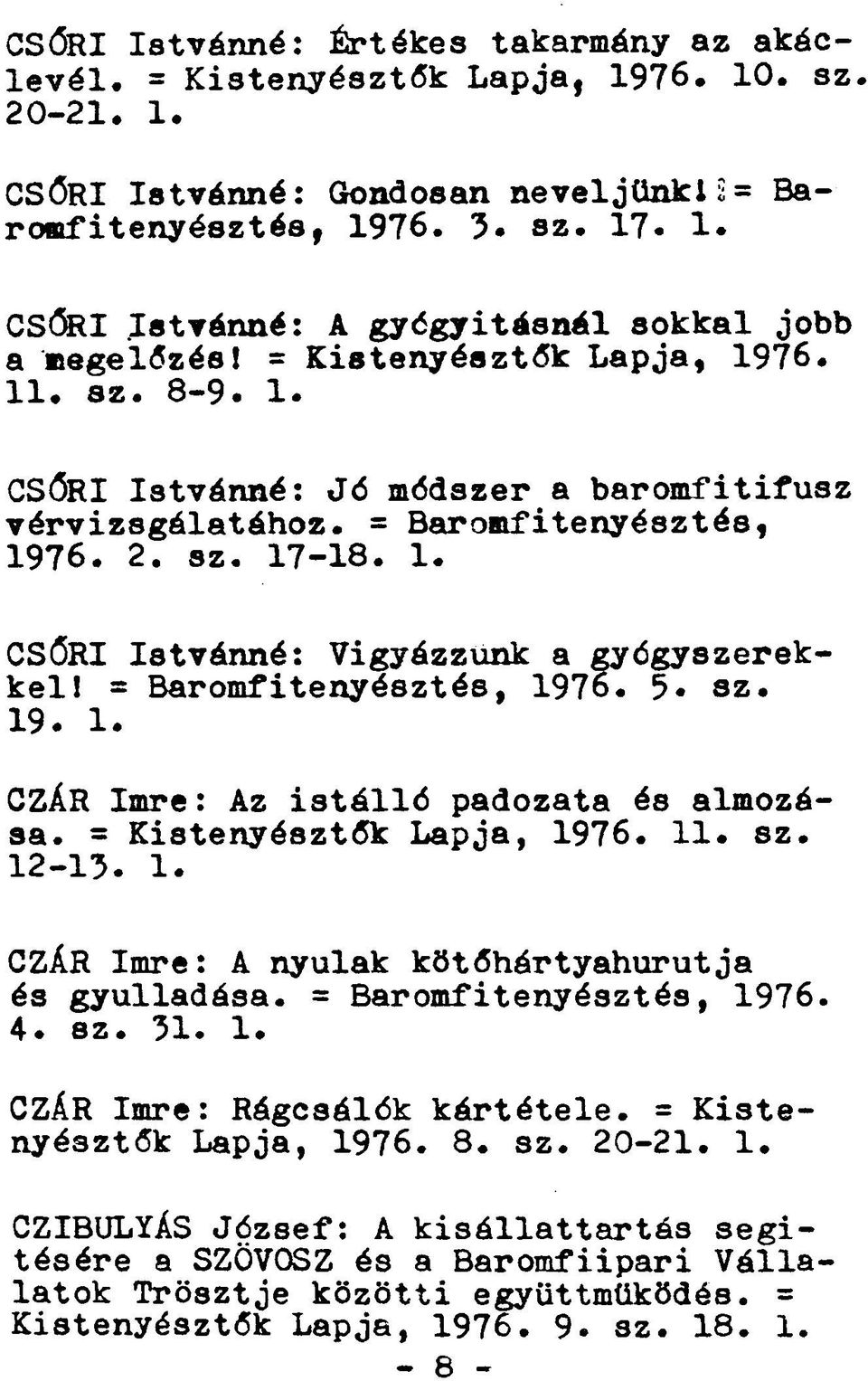 = Baromfitenyésztés, 1976. 5«sz. 19. 1. CZÁR Imre: Az istálló padozata és almozása. = Kistenyésztők Lapja, 1976. 11. sz. 12-13. 1. CZÁR Imre: A nyulak kötőhártyahurutja és gyulladása.