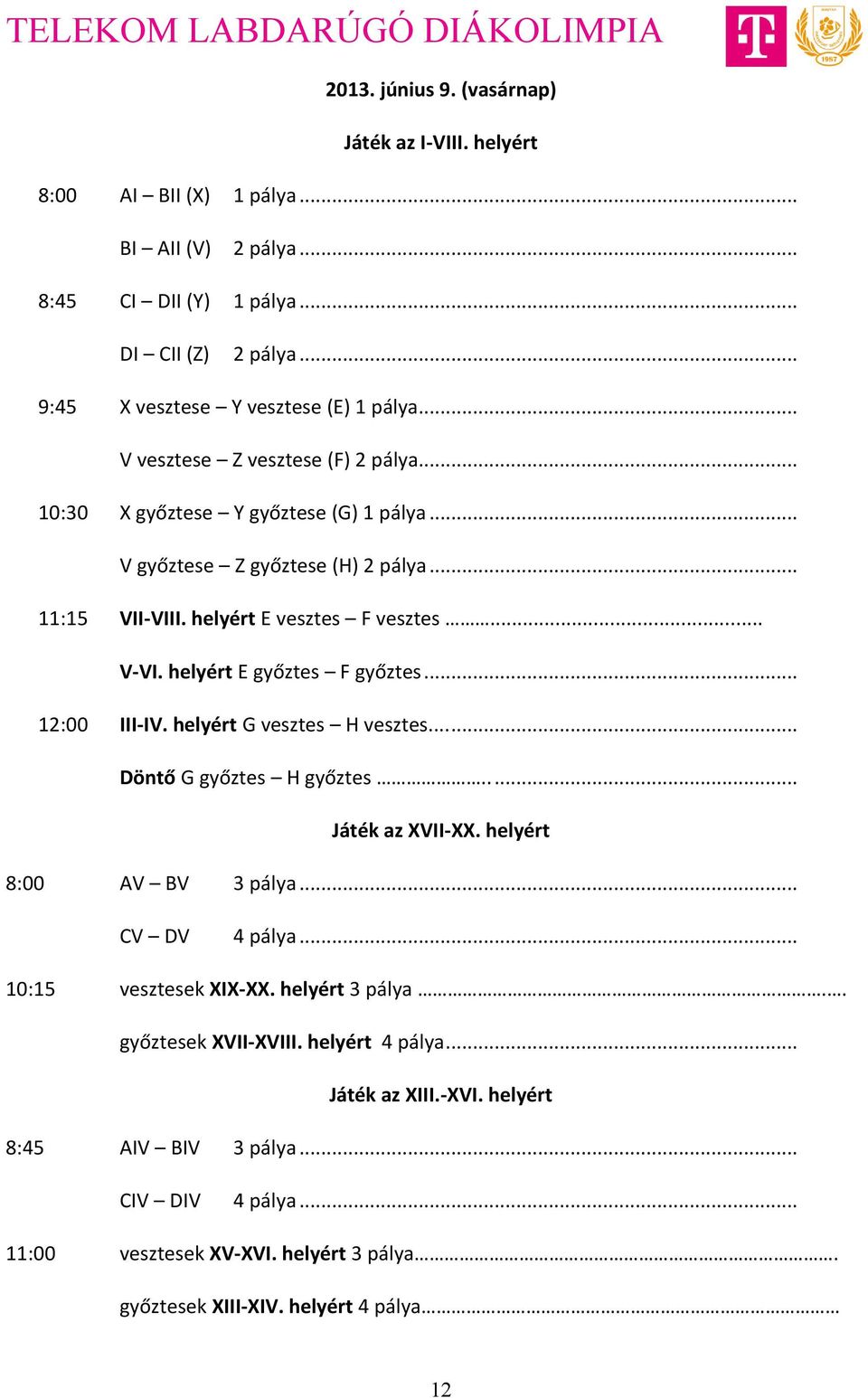 helyért E győztes F győztes... 12:00 III-IV. helyért G vesztes H vesztes...... Döntő G győztes H győztes... Játék az XVII-XX. helyért 8:00 AV BV 3 pálya... CV DV 4 pálya.