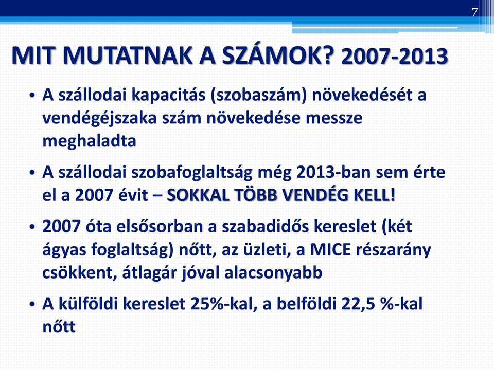 meghaladta A szállodai szobafoglaltság még 2013-ban sem érte el a 2007 évit SOKKAL TÖBB VENDÉG KELL!